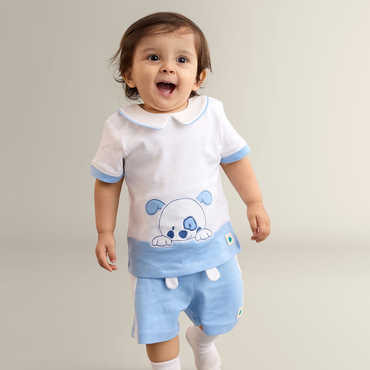 My Milestones Bio-Wash 100% Cotton Barnyard Dog Applique Embroidered Tee with Color Block Shorts - White & Blue