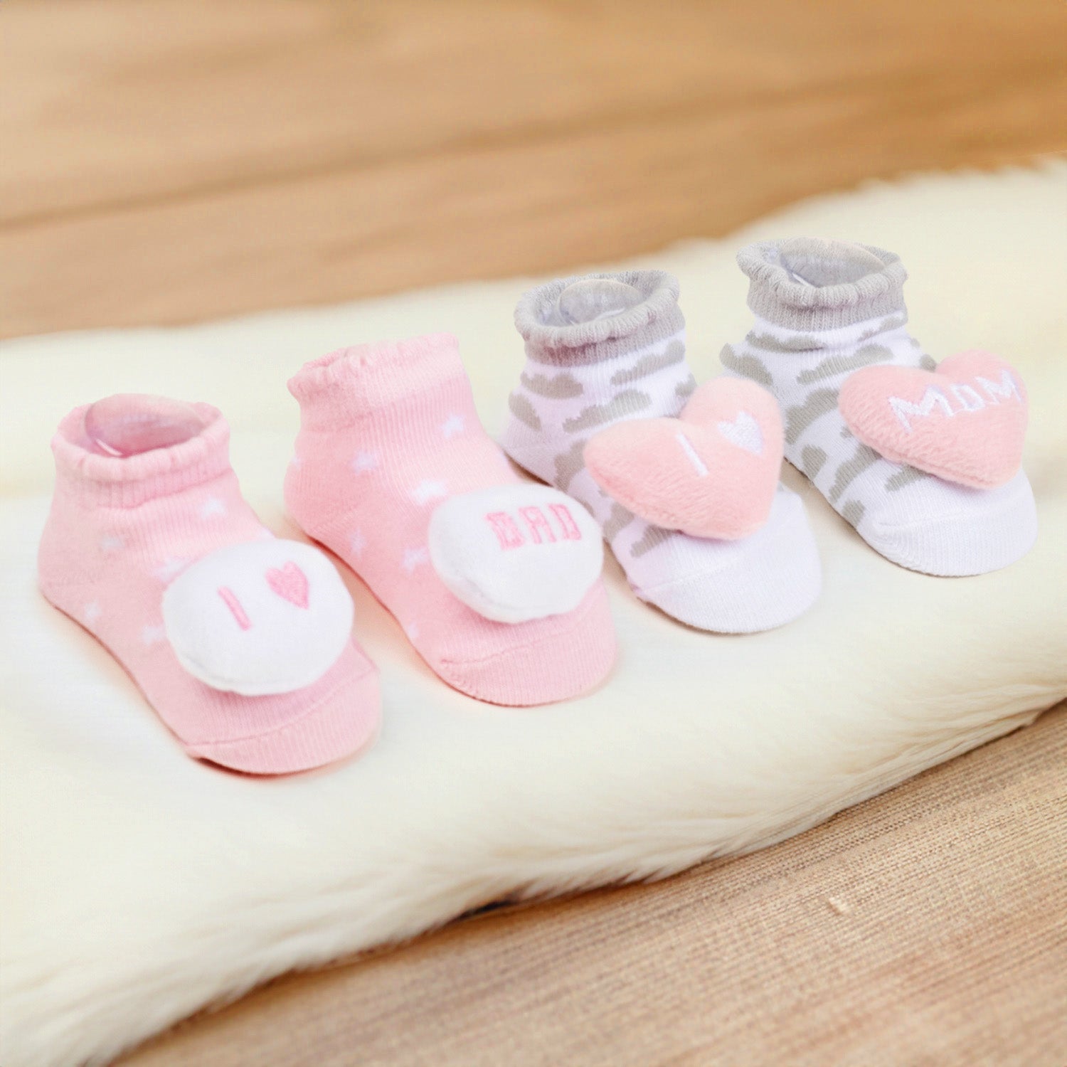 Baby Moo Mom Dad's Heart Cotton 3D Ankle Length Fancy Infant Gift Set of 2 Socks Booties - Pink, Grey