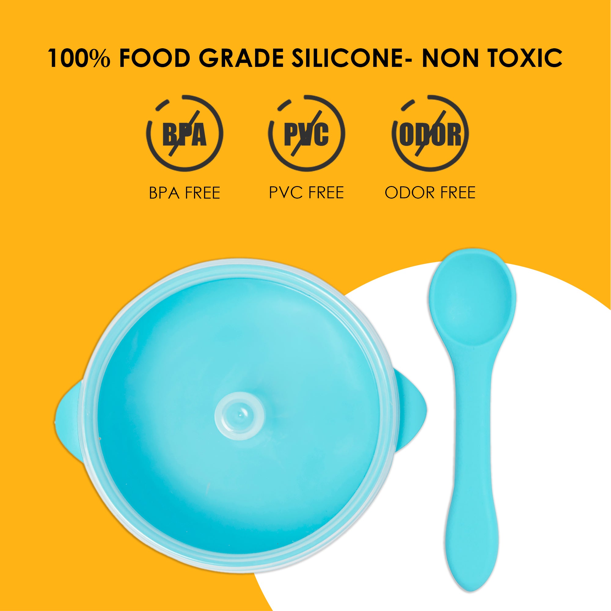 Blue Silicon Bowl With Lid And Spoon Set