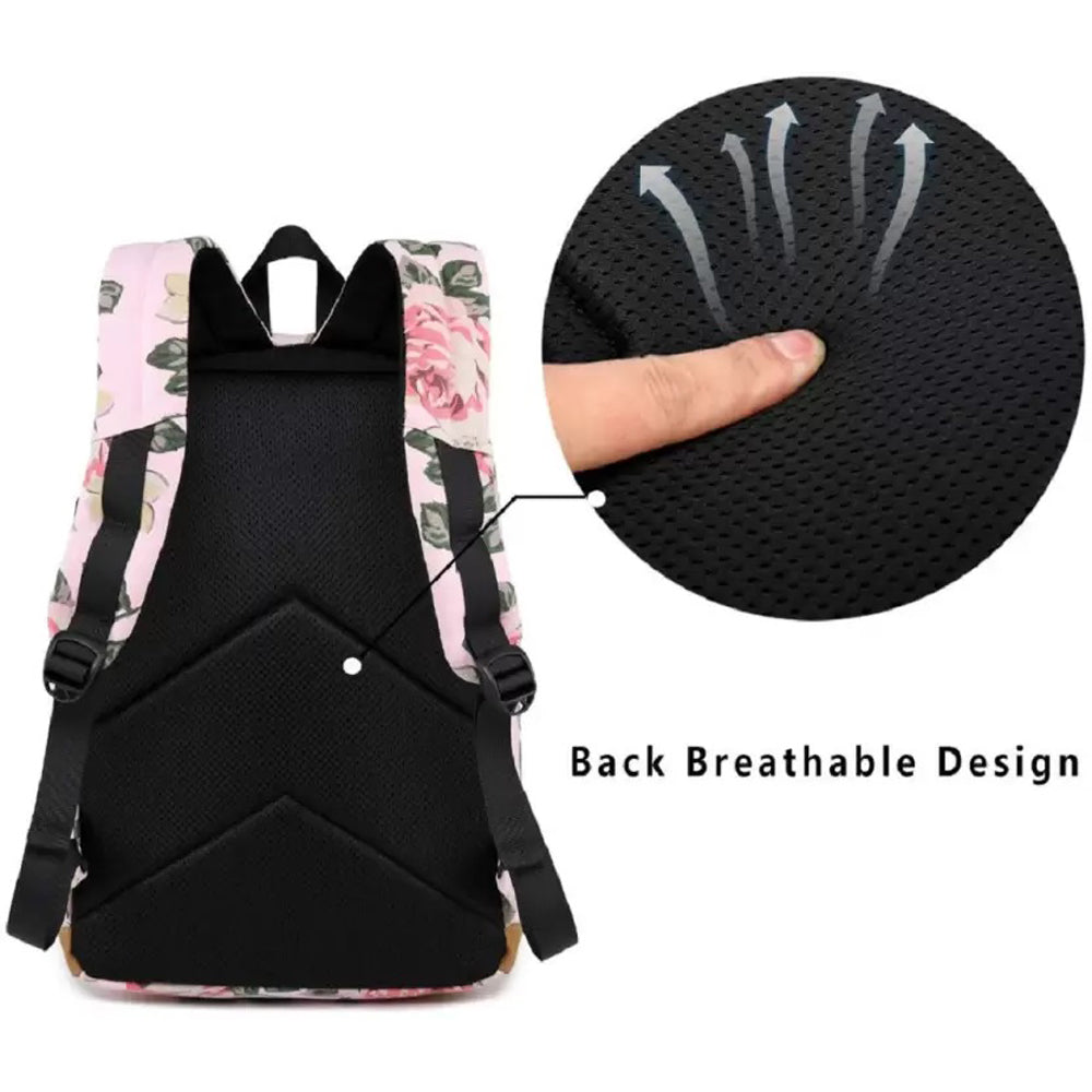 Pink Bloom , 3 Pcs Matching Backpack With Lunch Bag & Stationery Pouch, Pink