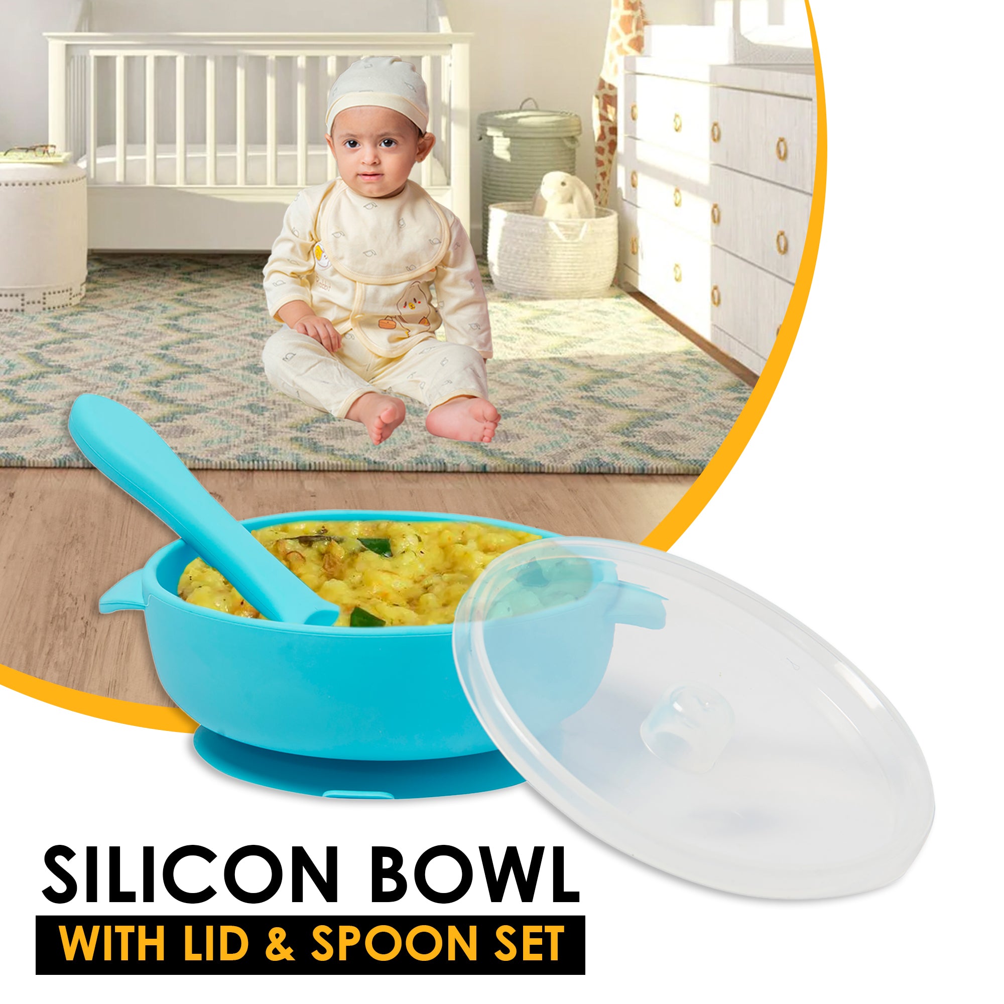 Blue Silicon Bowl With Lid And Spoon Set