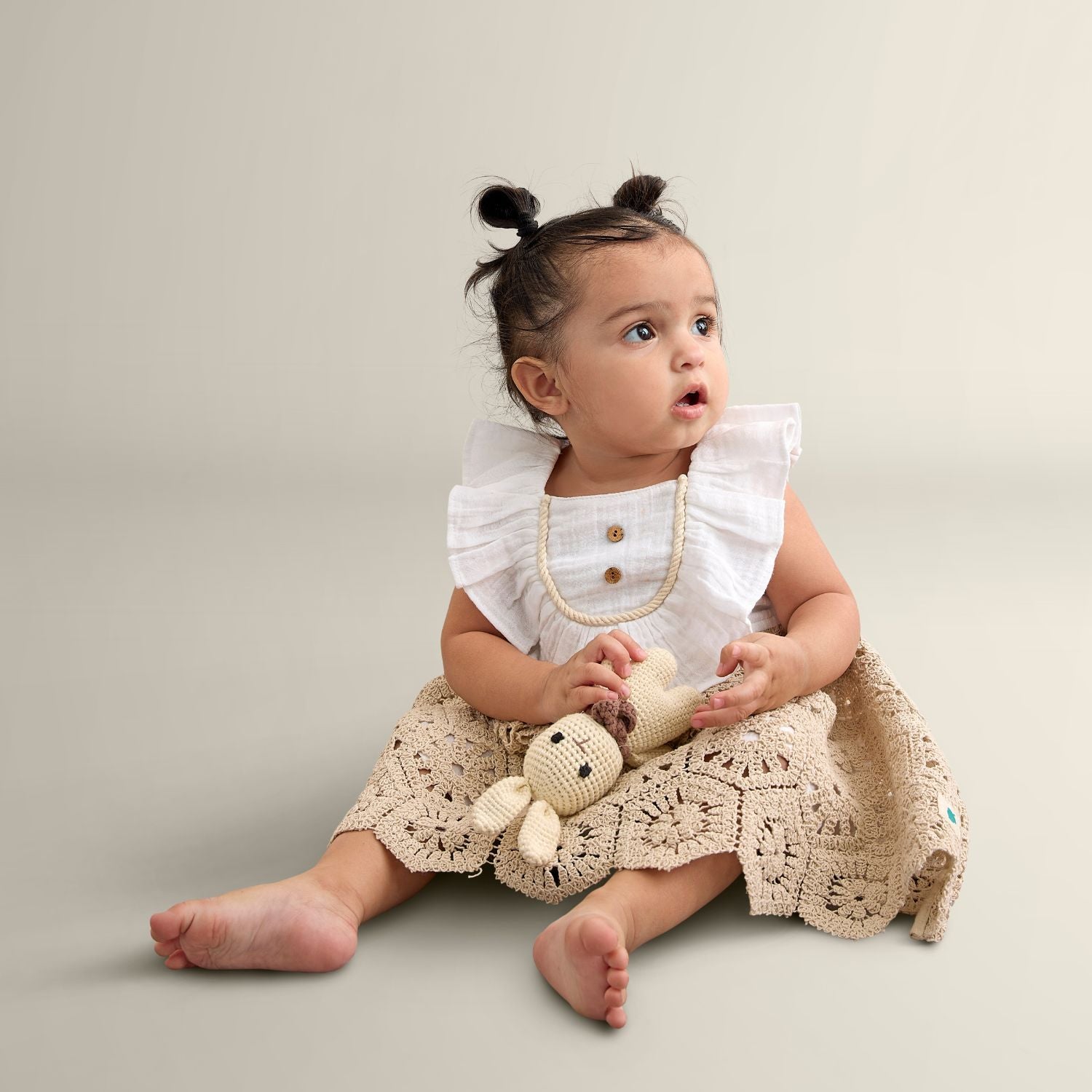 My Milestones Hazel Premium Crochet Dress with Ruffles at Yoke in Double Cloth - White & Beige