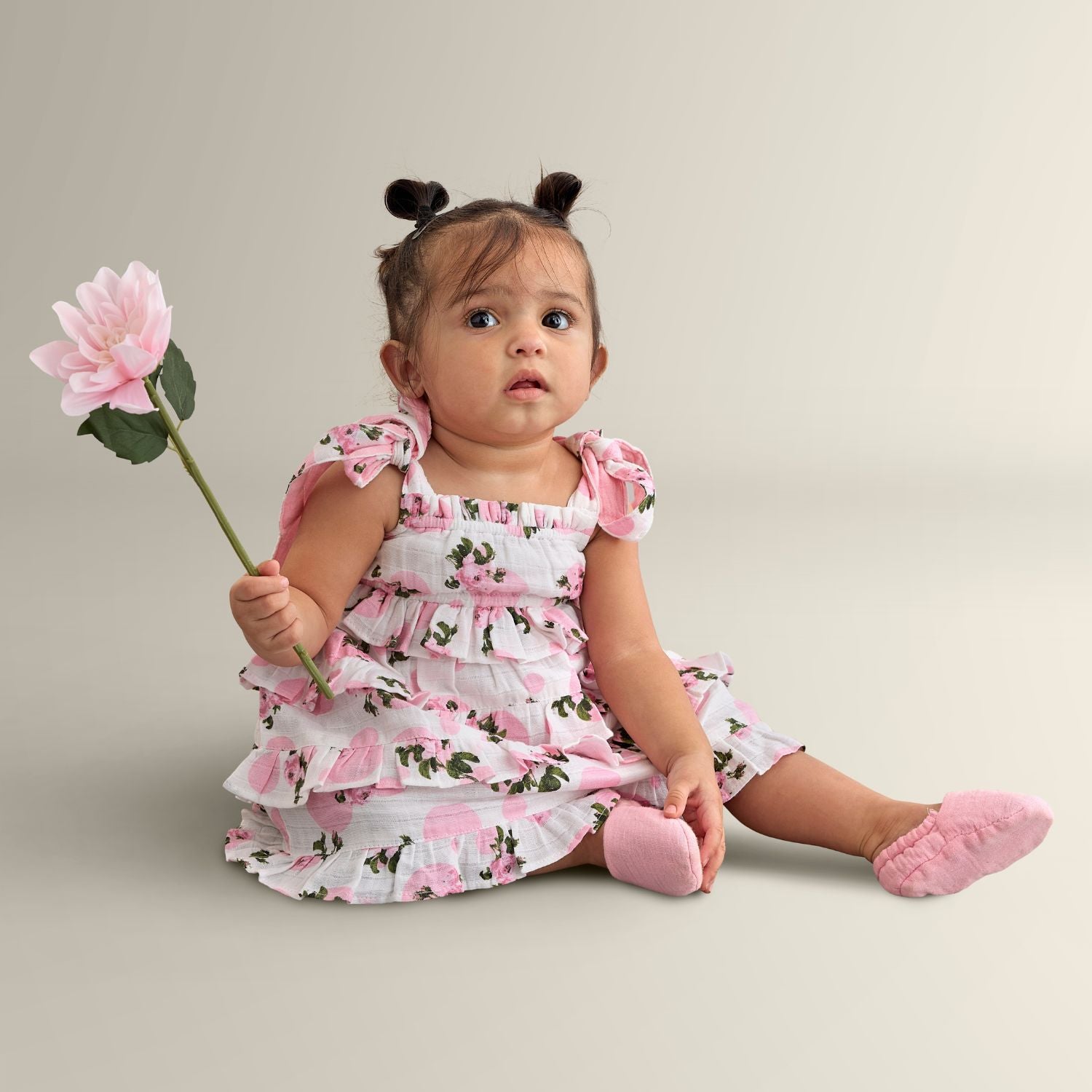 Eva Sleeveless Strap Muslin Dress With Ruffles In Blossom Tea Rose Print - White