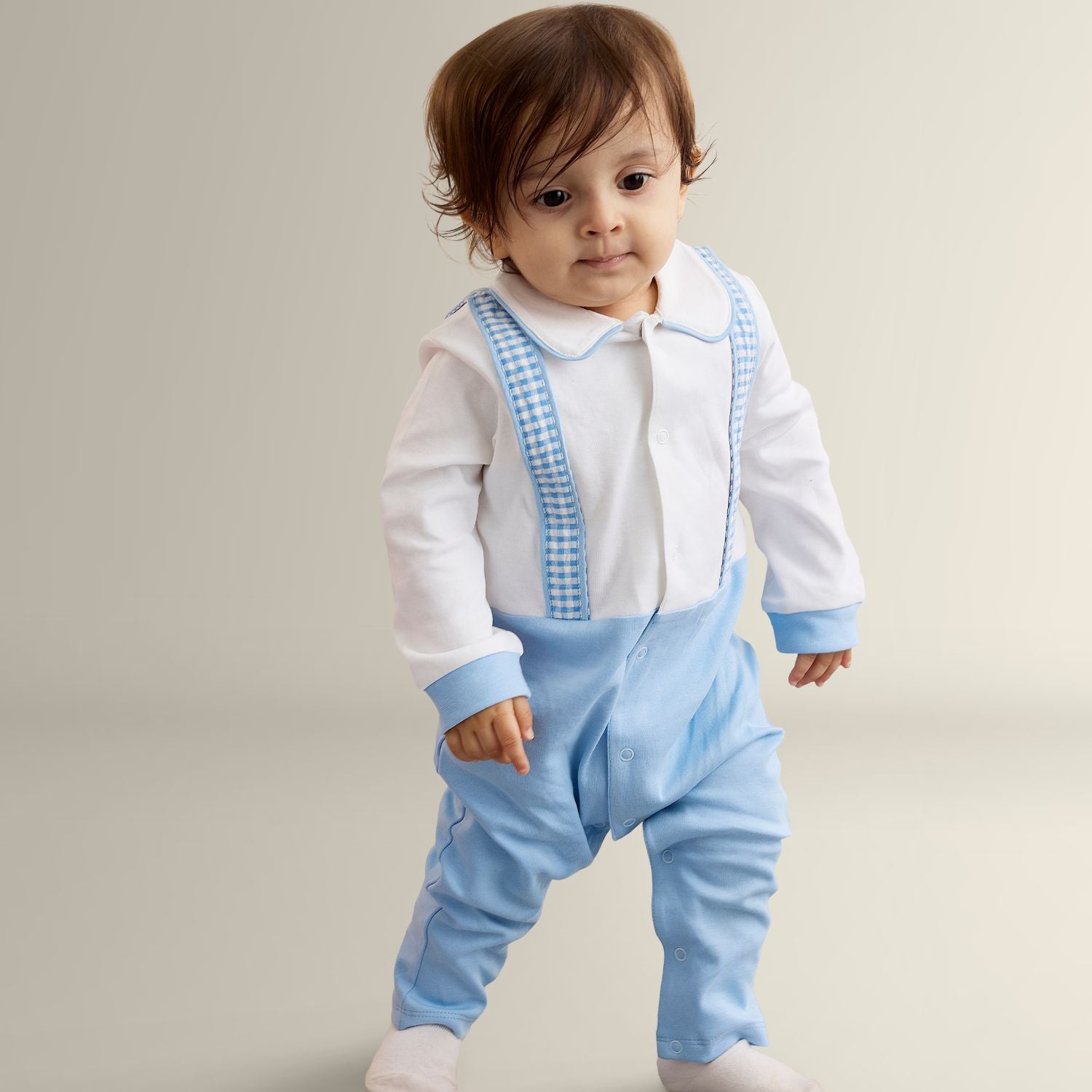 My Milestones Henry Full Sleeves Romper With Gingham Straps - Blue & White