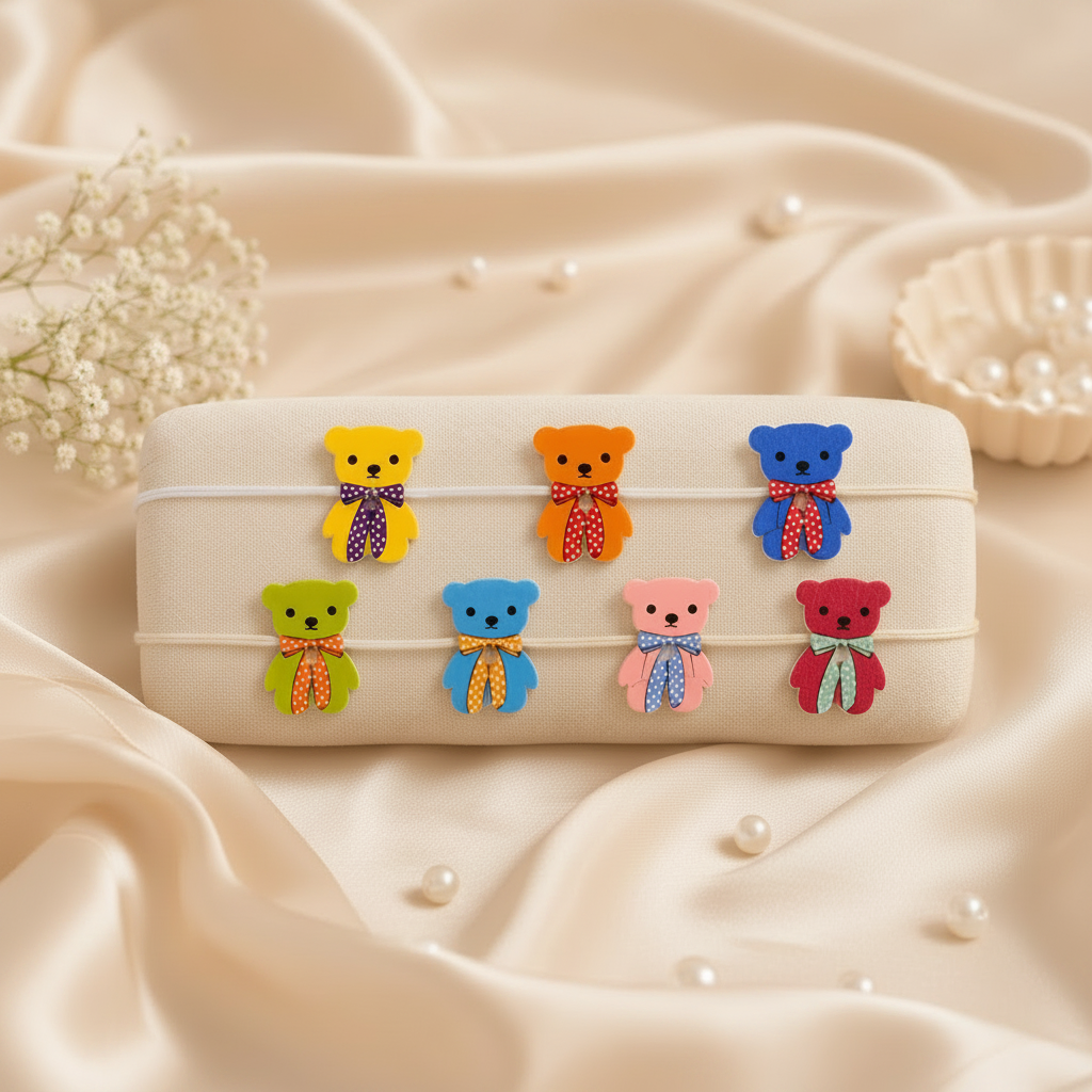 Two sets of elastic bracelet bands displayed on beige fabric rolls, each featuring colorful bead-and-charm details: the top set has airplane charms, and the bottom set has teddy bear charms with colorful bows and scarves.