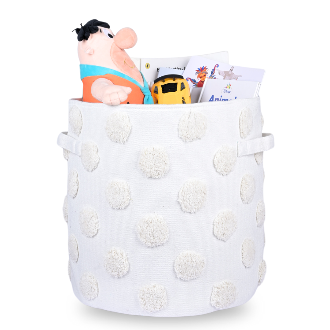 PomPom Large Round Beige Toy Storage Basket