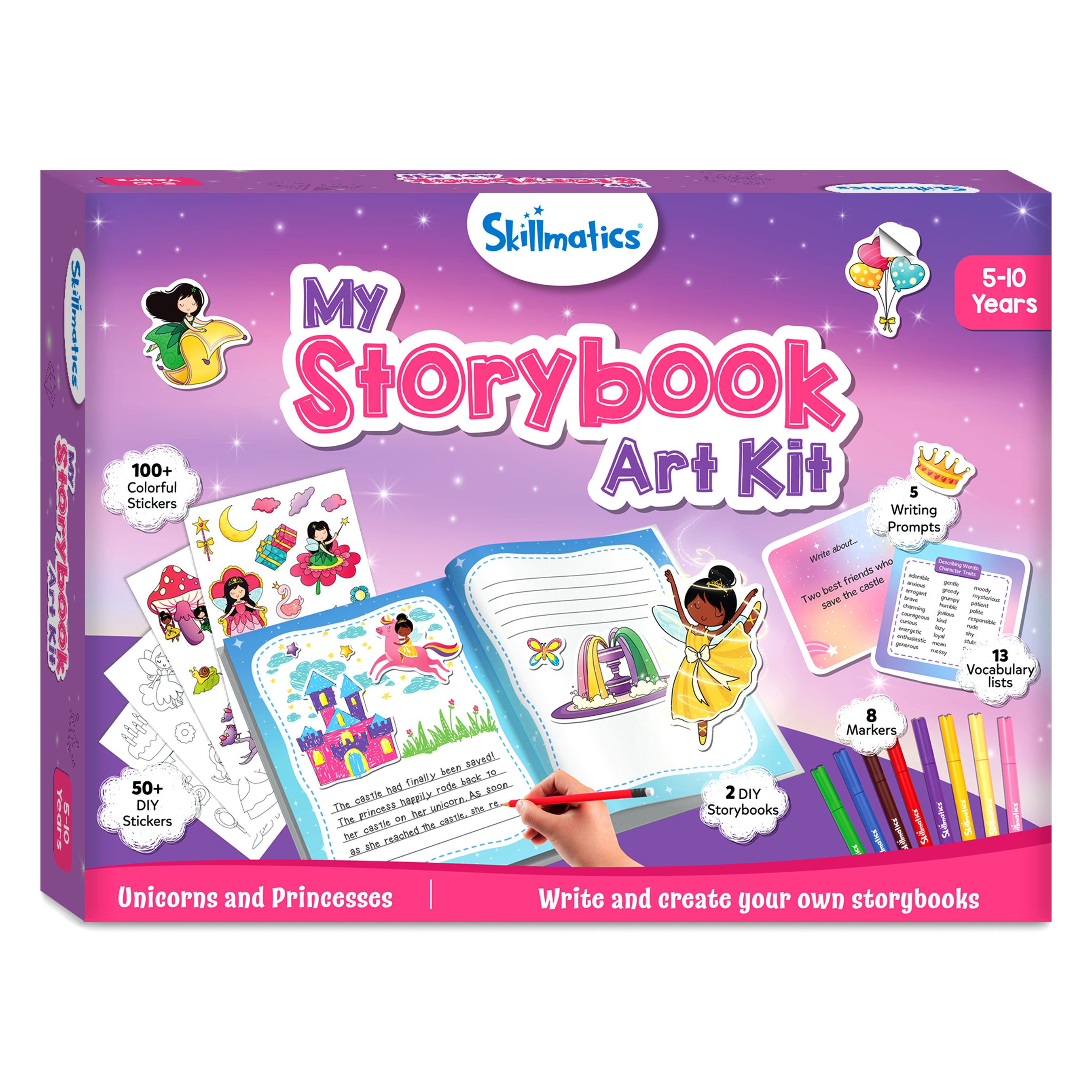 Skillmatics Storybook Art Kit - Unicorn & Princesses Art Kit for Kids, Write & Create Fairytale Storybooks, Creative Activity for Girls, DIY Kit, 150+ Stickers, Gifts for Ages 5, 6, 7, 8, 9, 10