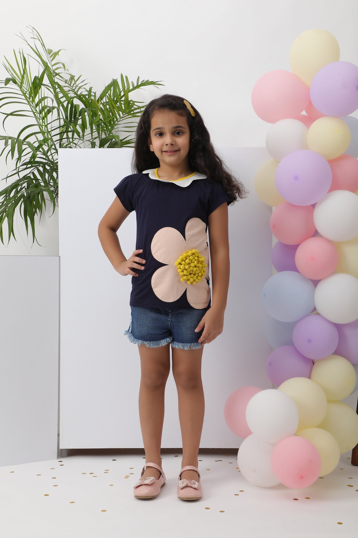 Navy Floral Pom Pom Top