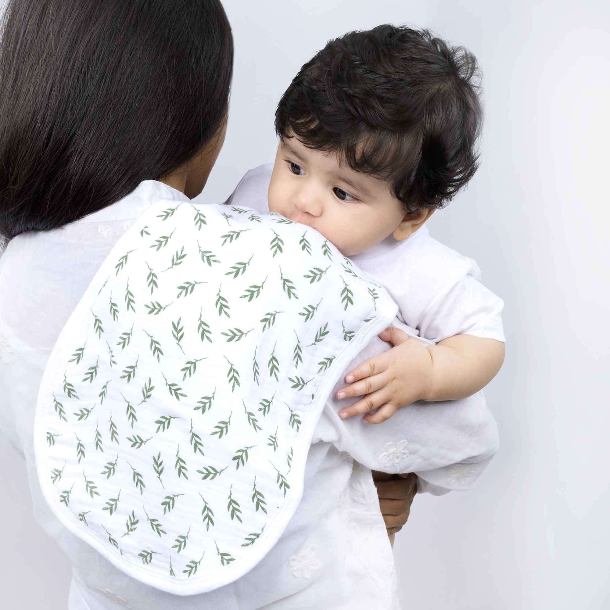 Theoni Cotton Muslin 3Layer burpy bib-Hedge Green Leaf