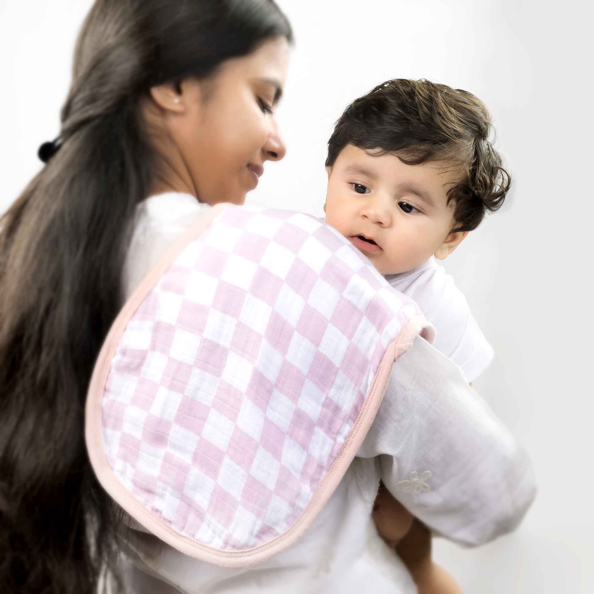 Theoni Cotton Muslin 3Layer burpy bib-Violet Chequer
