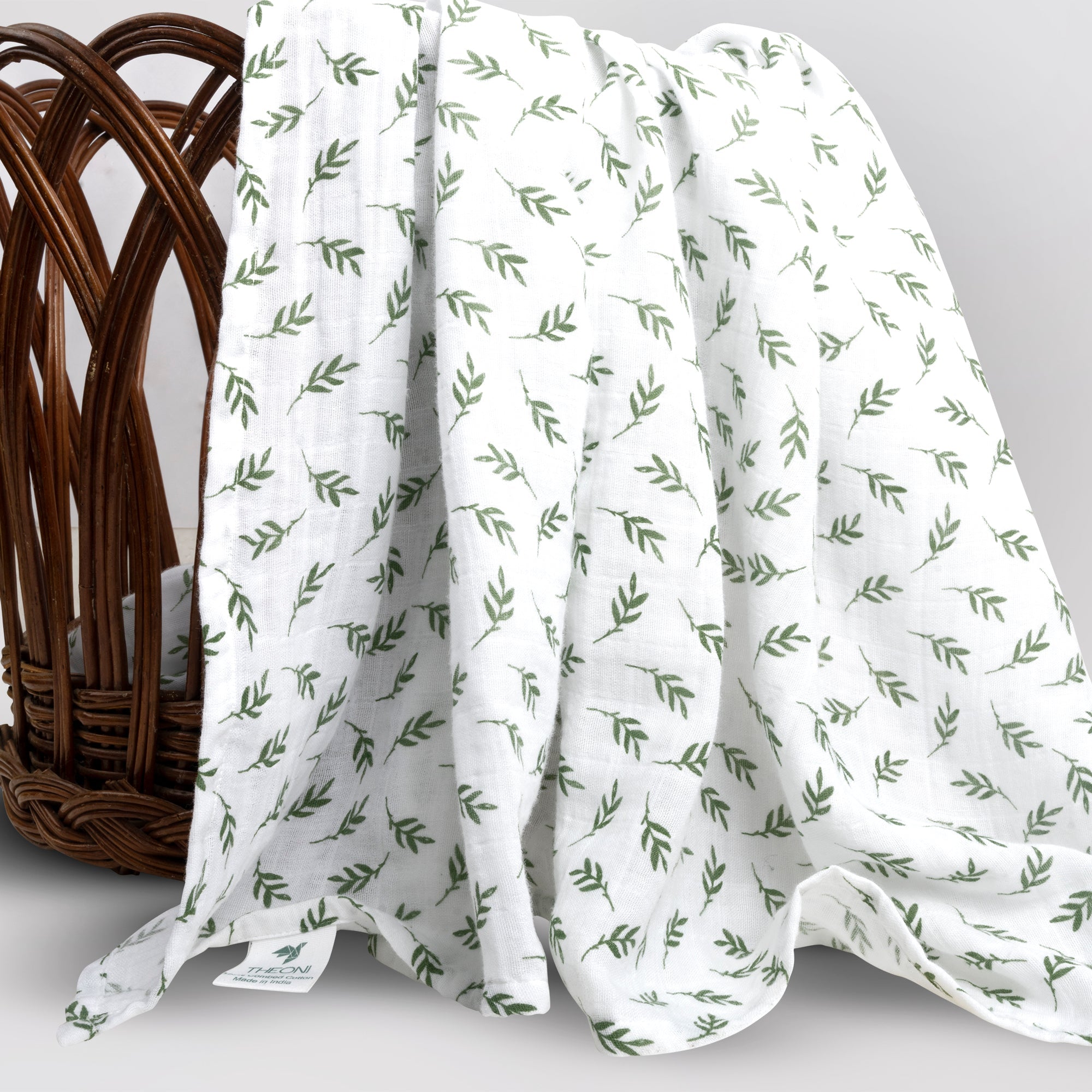Theoni 100% Cotton Muslin Swaddle-Hedge Green leaf