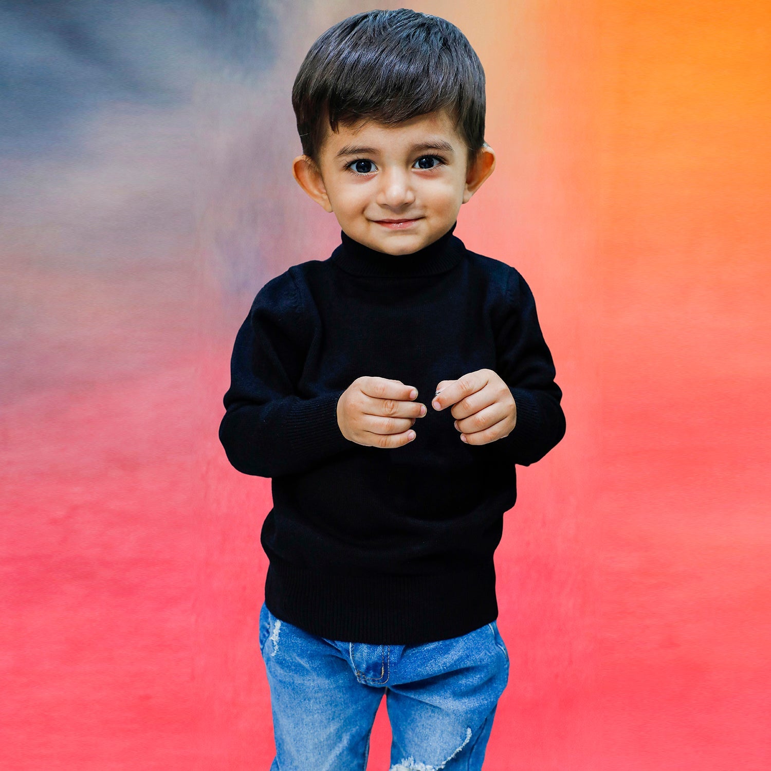 Basic Polo Neck Ribbed Premium Full Sleeves Knitted Kids Sweater - Black
