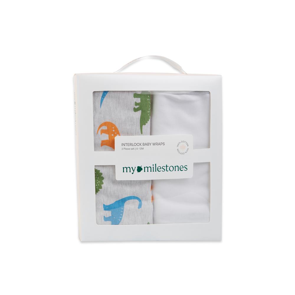 100% Cotton Interlock Baby Wrapper Dino Print & White Pack of 2