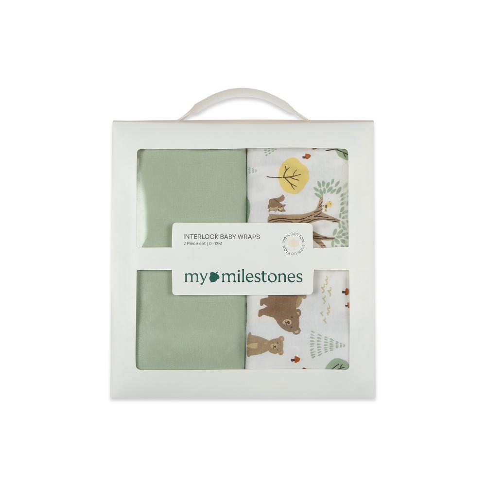 100% Cotton Interlock Baby Wrapper Woodland Wonders Print & Sage Green Pack of 2