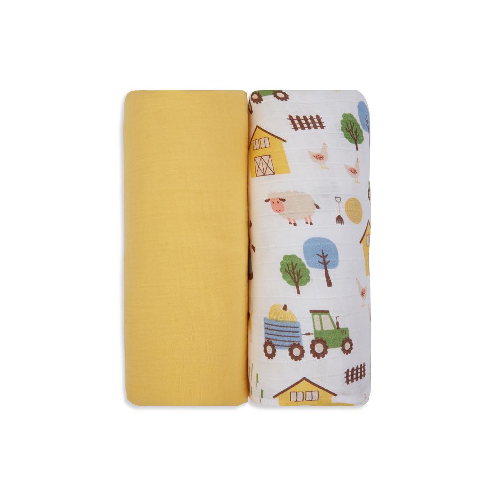 3 in 1 Muslin Swaddle Wrapper Pack of 2 (Size 41x41 Inches) Barnyard Print & Yellow