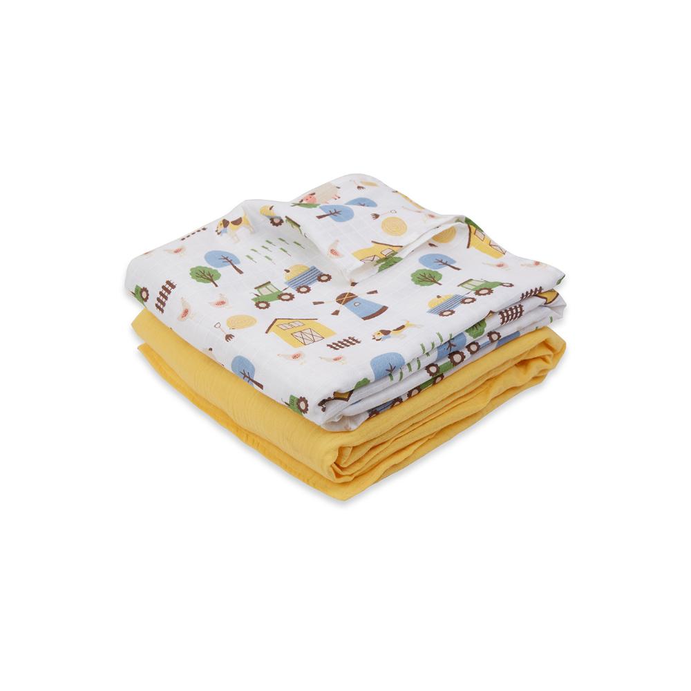 3 in 1 Muslin Swaddle Wrapper Pack of 2 (Size 41x41 Inches) Barnyard Print & Yellow