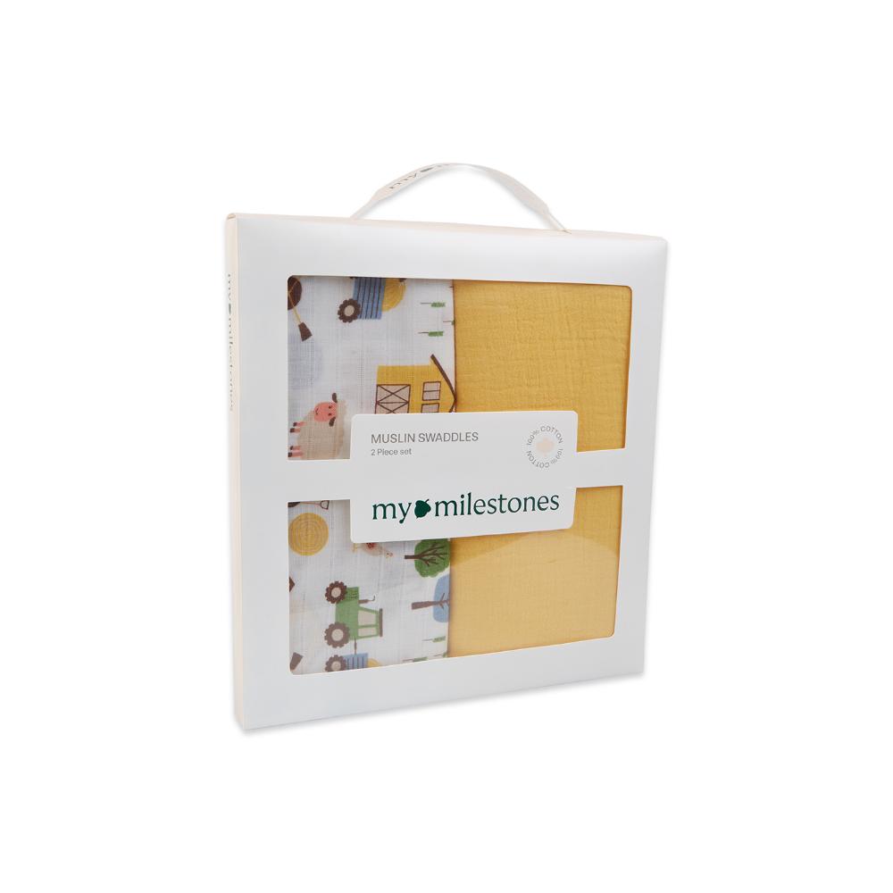 3 in 1 Muslin Swaddle Wrapper Pack of 2 (Size 41x41 Inches) Barnyard Print & Yellow