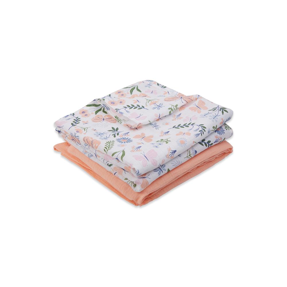3 in 1 Muslin Swaddle Wrapper Pack of 2 (Size 41x41 Inches) Butterfly Print & Peach