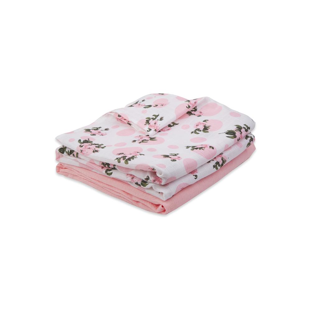3 in 1 Muslin Swaddle Wrapper Pack of 2 (Size 41x41 Inches) Tea Rose Print & Pink