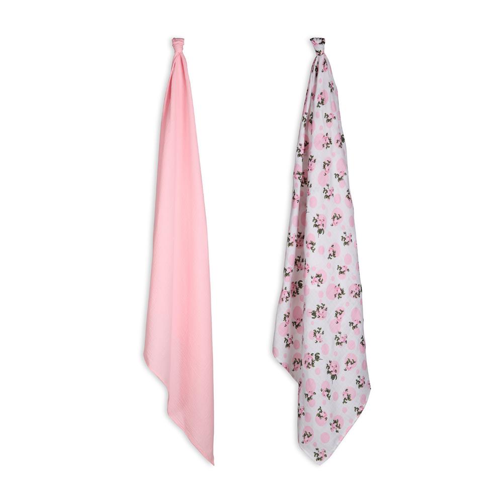 3 in 1 Muslin Swaddle Wrapper Pack of 2 (Size 41x41 Inches) Tea Rose Print & Pink