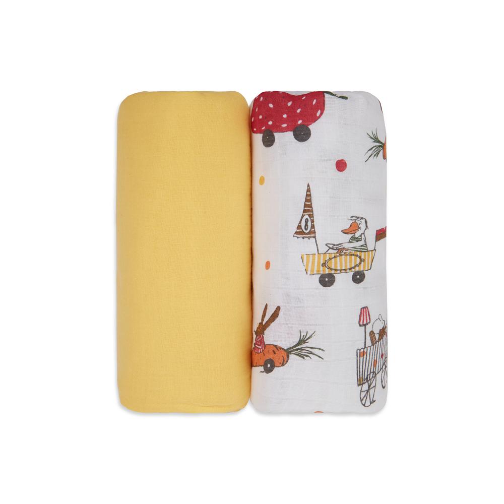 3 in 1 Muslin Swaddle Wrapper Pack of 2 (Size 41x41 Inches) Racing Cars Print & Yellow