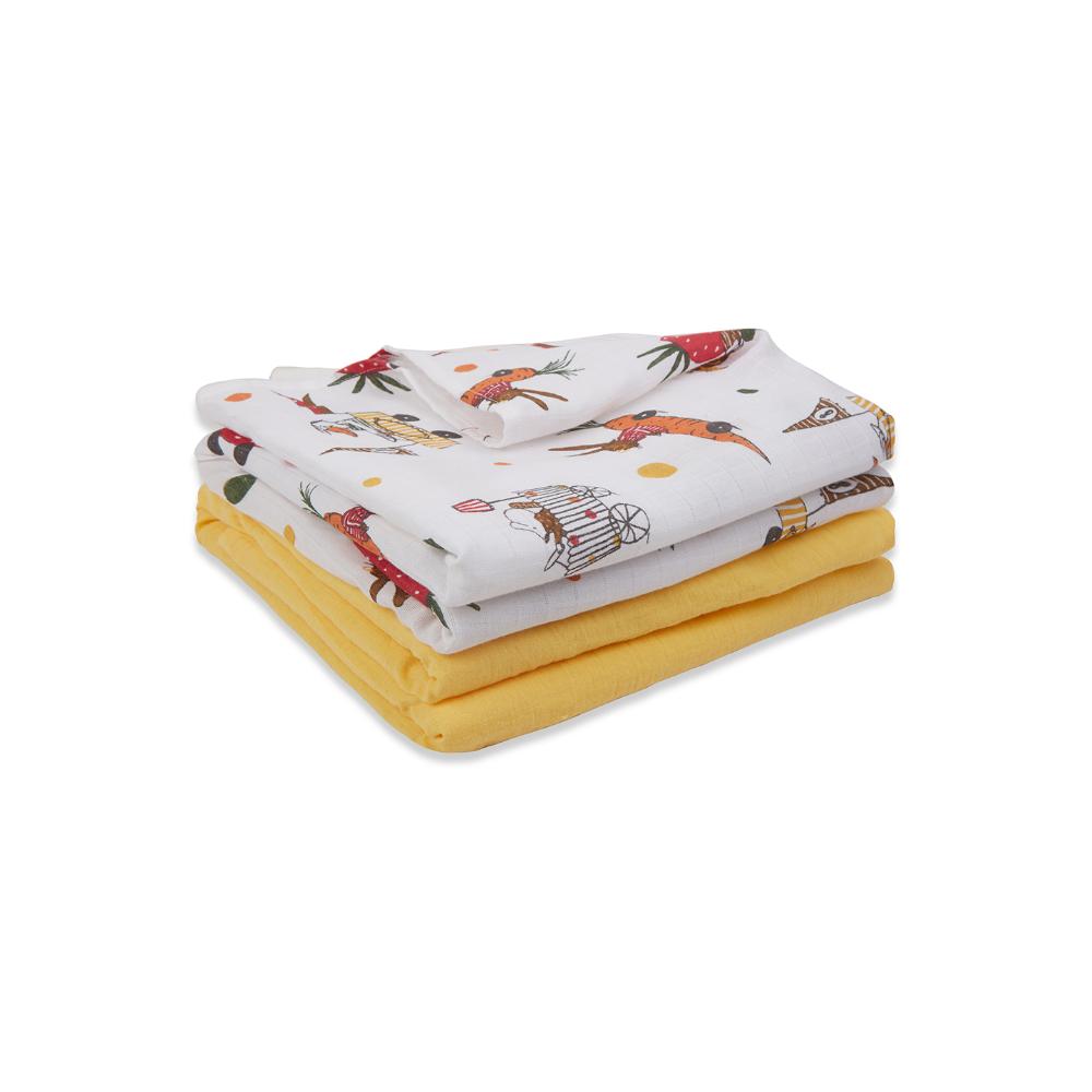 3 in 1 Muslin Swaddle Wrapper Pack of 2 (Size 41x41 Inches) Racing Cars Print & Yellow