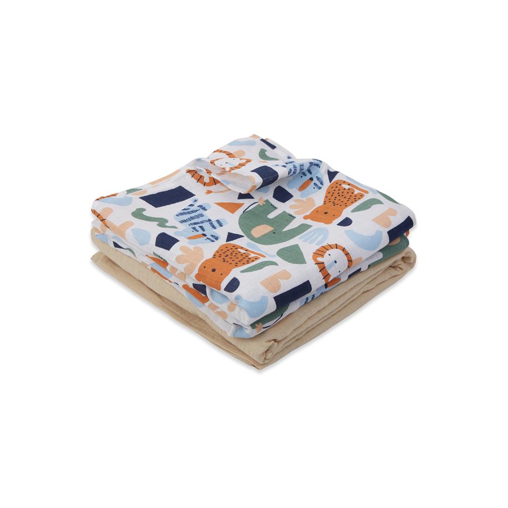 3 in 1 Muslin Swaddle Wrapper Pack of 2 (Size 41x41 Inches) Animal Print & Oatmeal