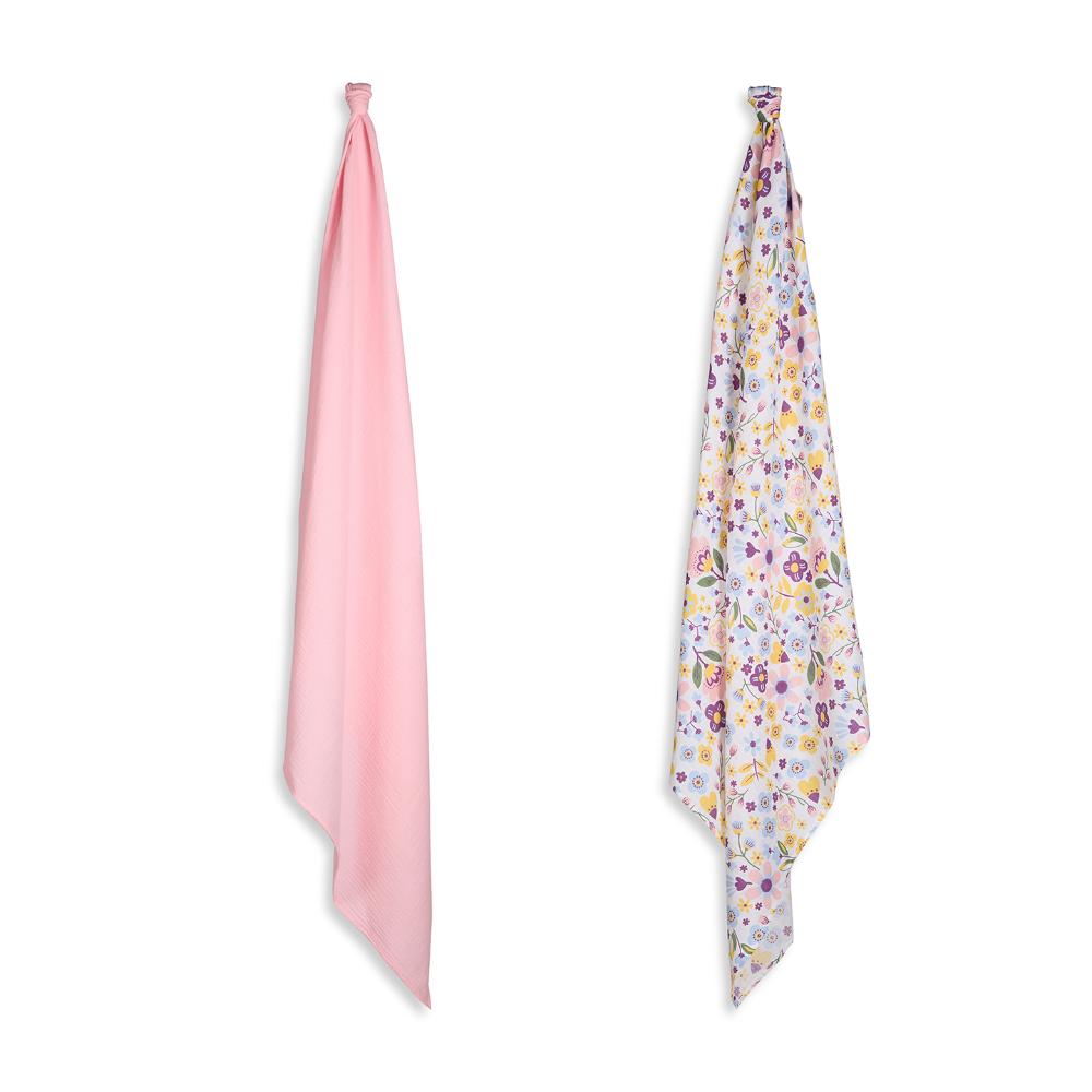 3 in 1 Muslin Swaddle Wrapper Pack of 2 (Size 41x41 Inches) Floral Print & Pink