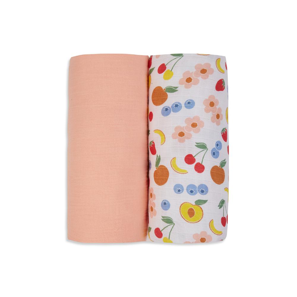 3 in 1 Muslin Swaddle Wrapper Pack of 2 (Size 41x41 Inches) Fruit Print & Peach