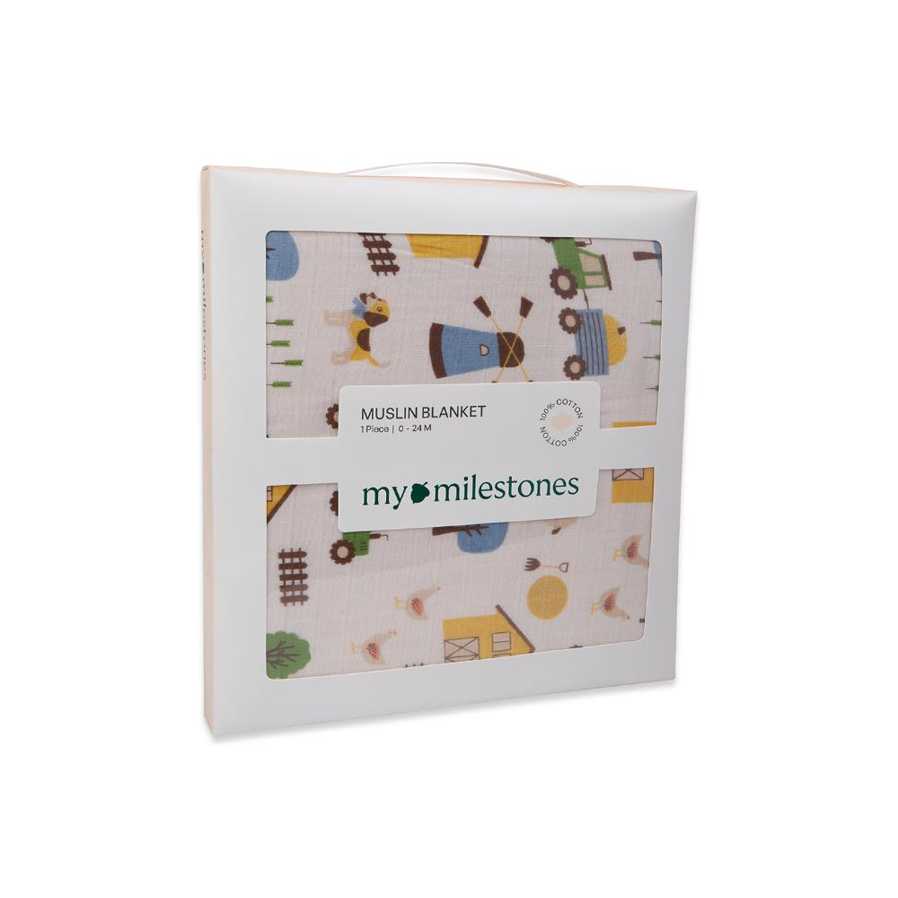 100% Premium Cotton 4/6 Layered Baby Muslin Blanket Barnyard Print & Yellow - (43x43 Inches)