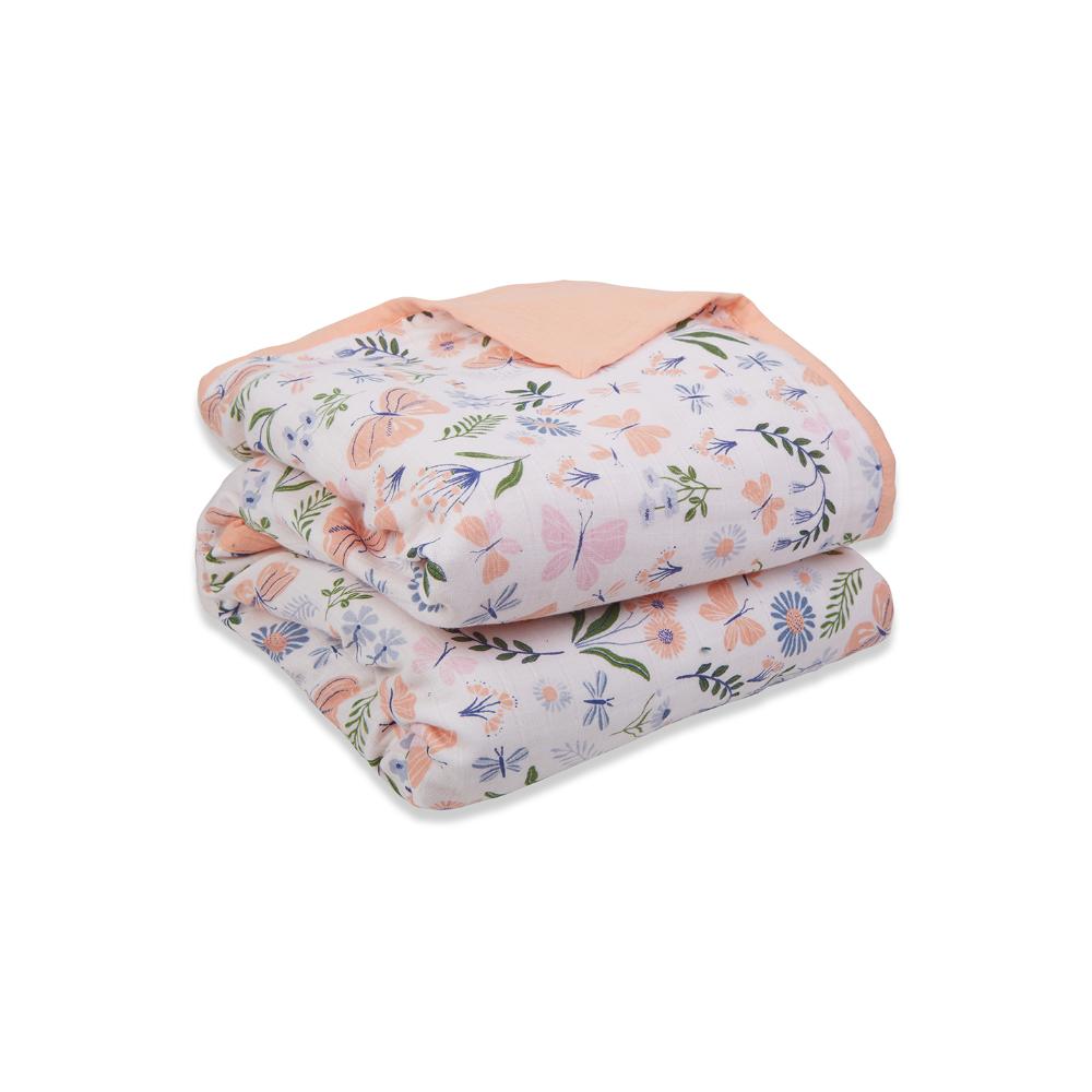 100% Premium Cotton 4/6 Layered Baby Muslin Blanket Butterfly Print - Peach - (43x43 Inches)