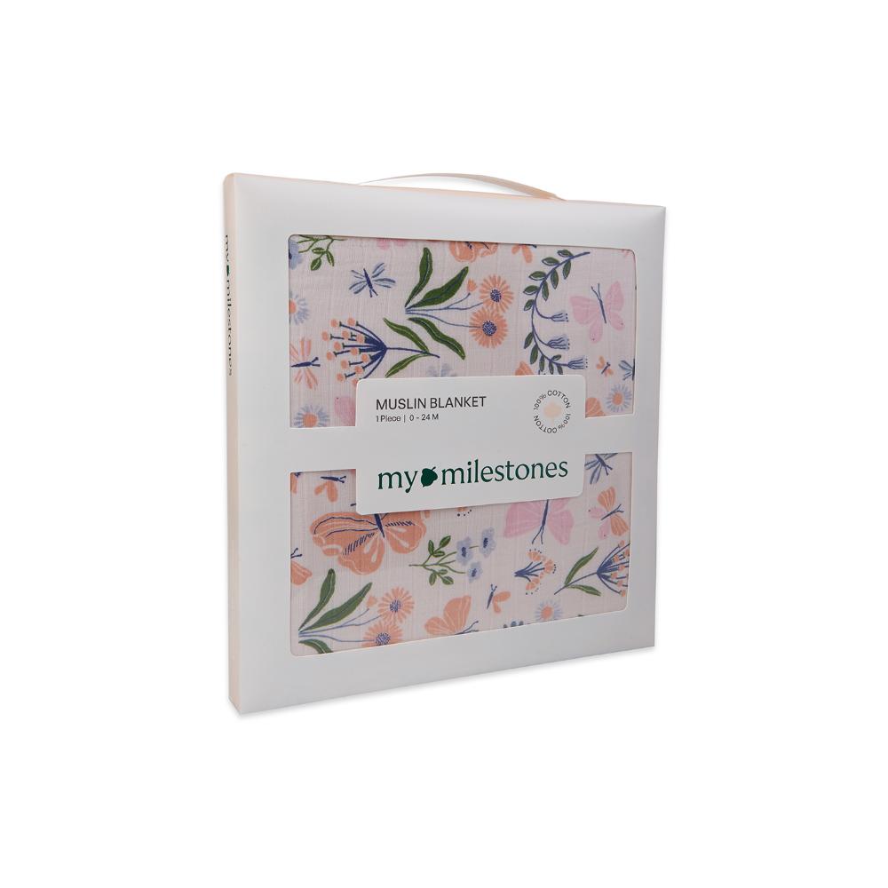 100% Premium Cotton 4/6 Layered Baby Muslin Blanket Butterfly Print - Peach - (43x43 Inches)