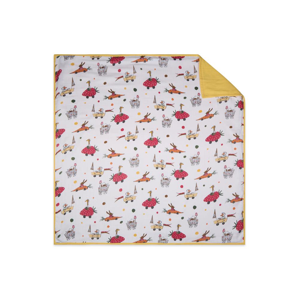 100% Premium Cotton 4/6 Layered Baby Muslin Blanket Racing Car Print - Yellow - (43x43 Inches)