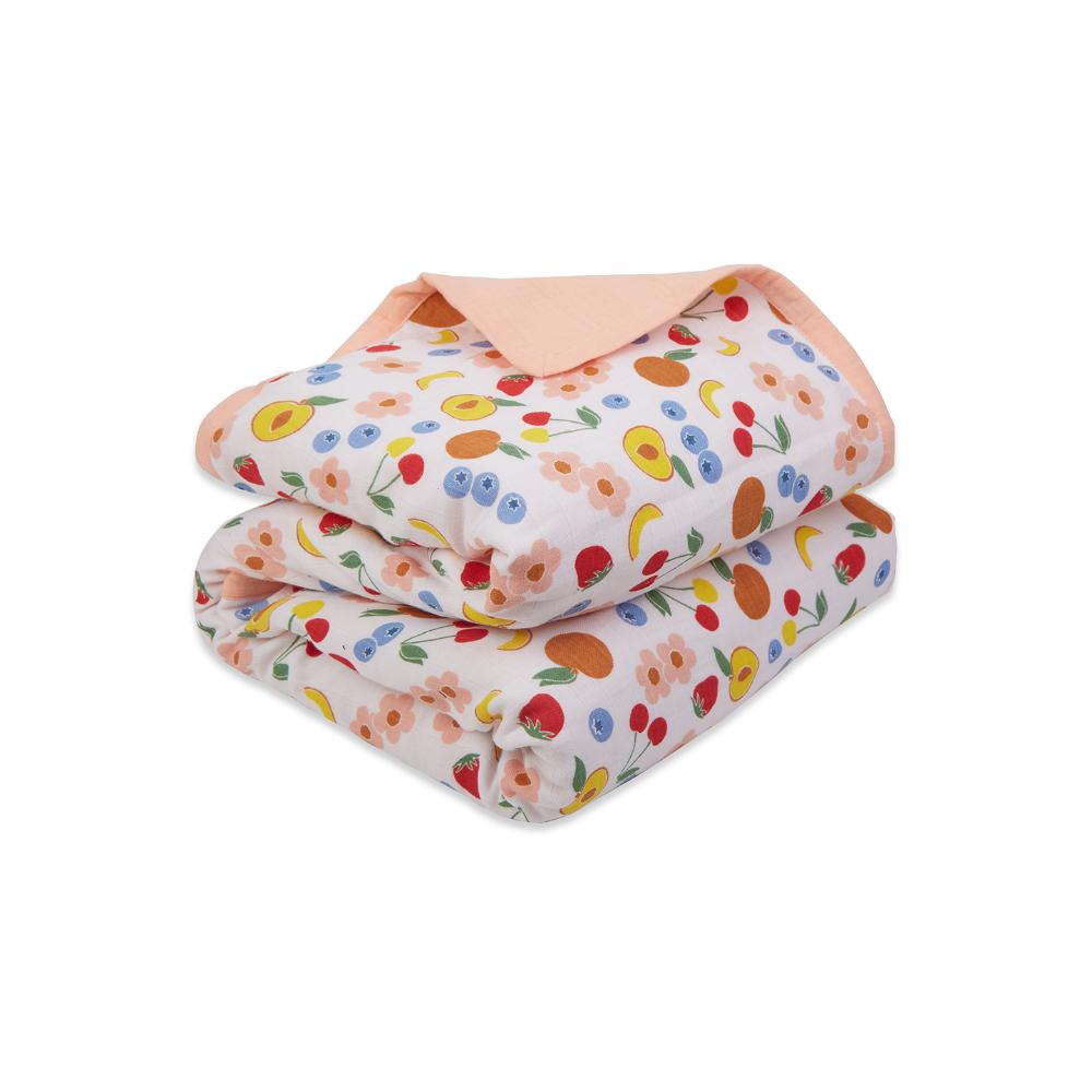 100% Premium Cotton 4/6 Layered Baby Muslin Blanket Fruit Print - Peach - (43x43 Inches)