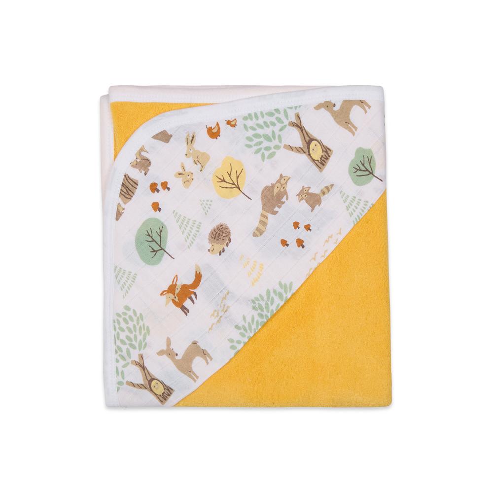 Premium Baby Hooded Towel With Woodland Wonders Muslin Hood, Soft and Lightweight - Yellow