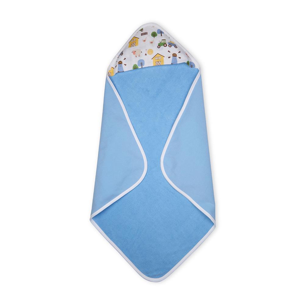 Premium Baby Hooded Towel With Barnyard Print Muslin Hood, Soft and Lightweight - Blue Bell