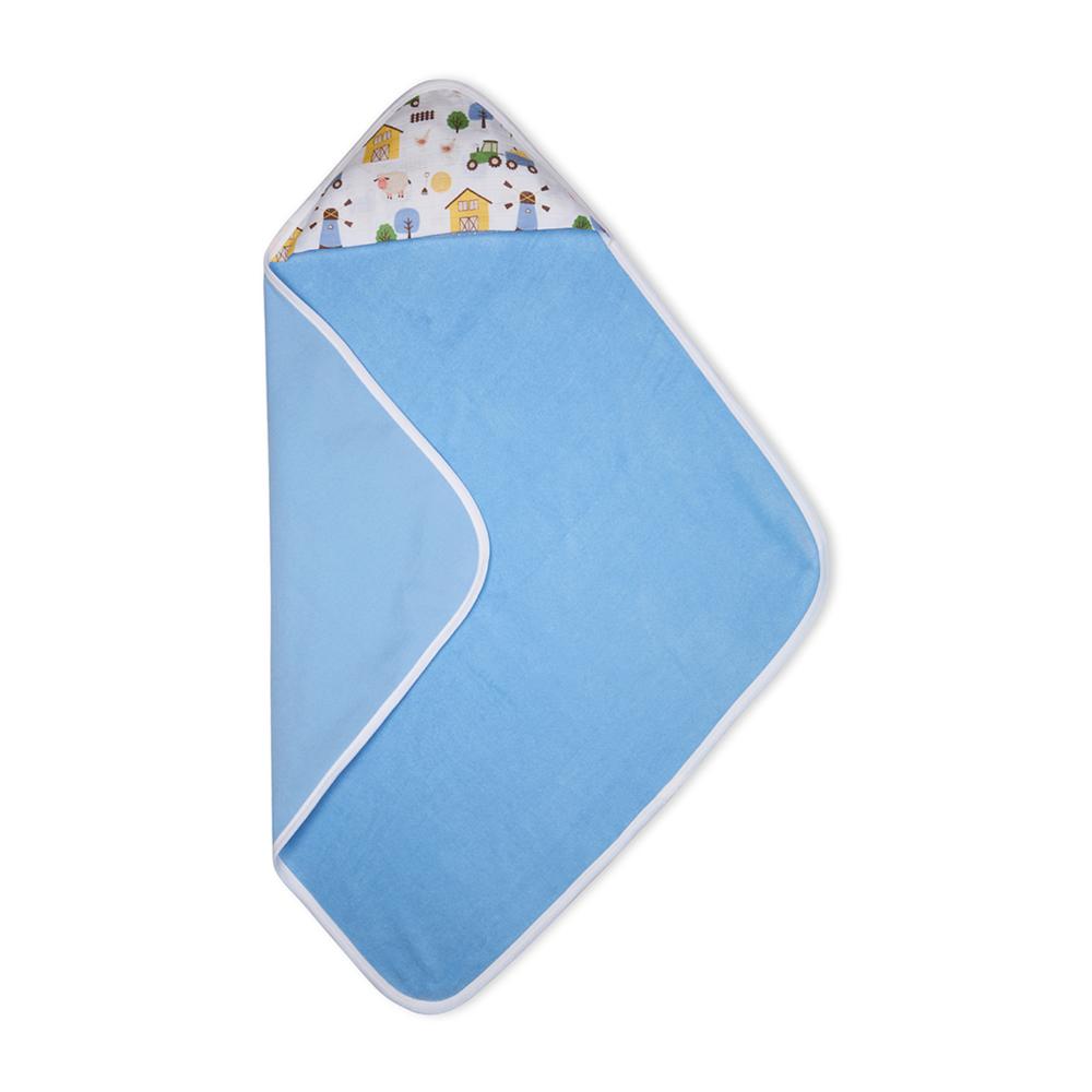 Premium Baby Hooded Towel With Barnyard Print Muslin Hood, Soft and Lightweight - Blue Bell