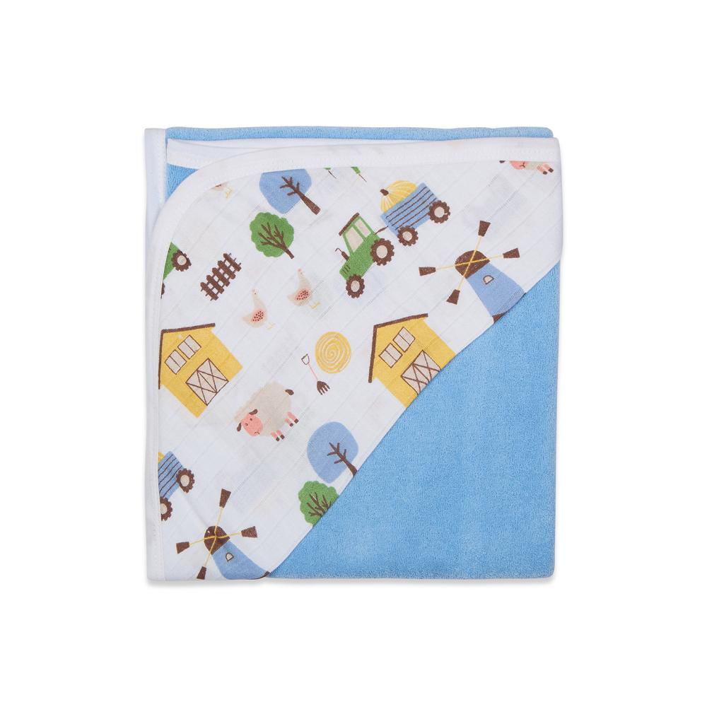 Premium Baby Hooded Towel With Barnyard Print Muslin Hood, Soft and Lightweight - Blue Bell