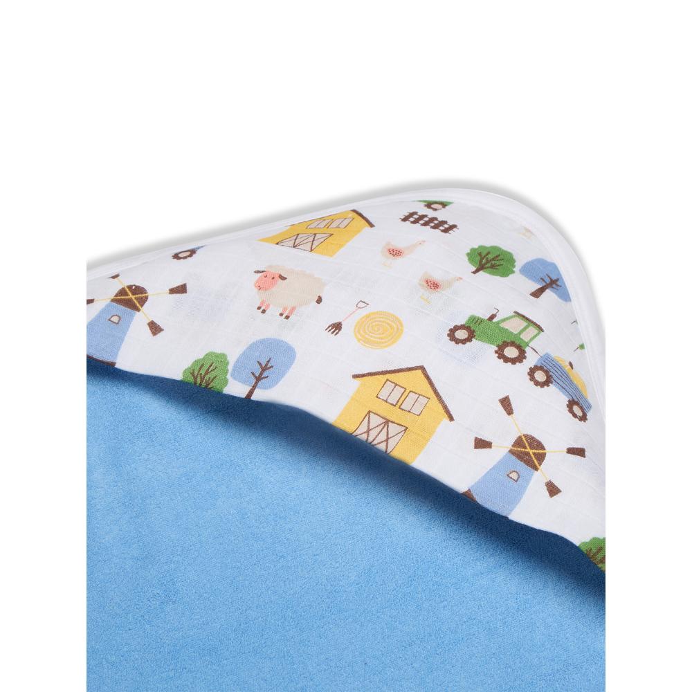 Premium Baby Hooded Towel With Barnyard Print Muslin Hood, Soft and Lightweight - Blue Bell