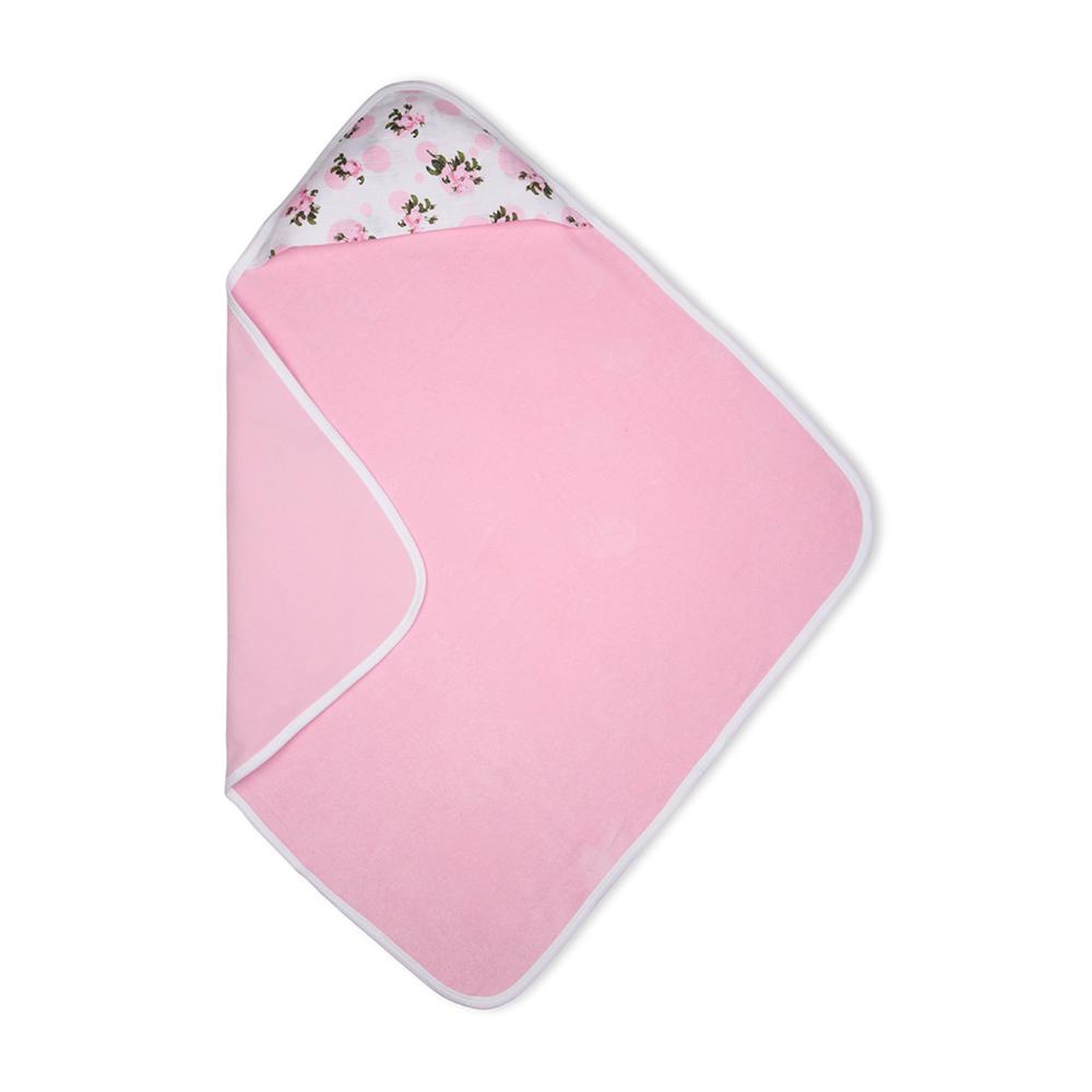 Premium Baby Hooded Towel With Tea Rose Print Muslin Hood, Soft and Lightweight - Pink