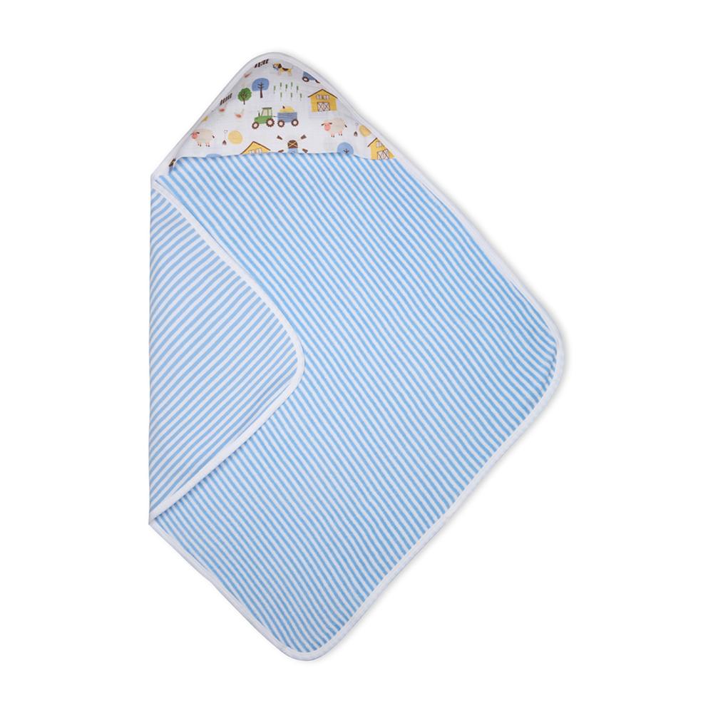 Premium Baby Hooded Towel Stripes Pattern With Barnyard Print Muslin Hood, Soft and Lightweight - Blue Bell