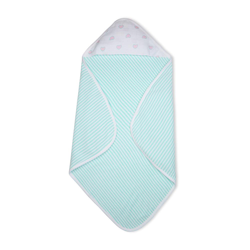 Premium Baby Hooded Towel Stripes Pattern With Heart Print Muslin Hood, Soft and Lightweight - Blue Tint