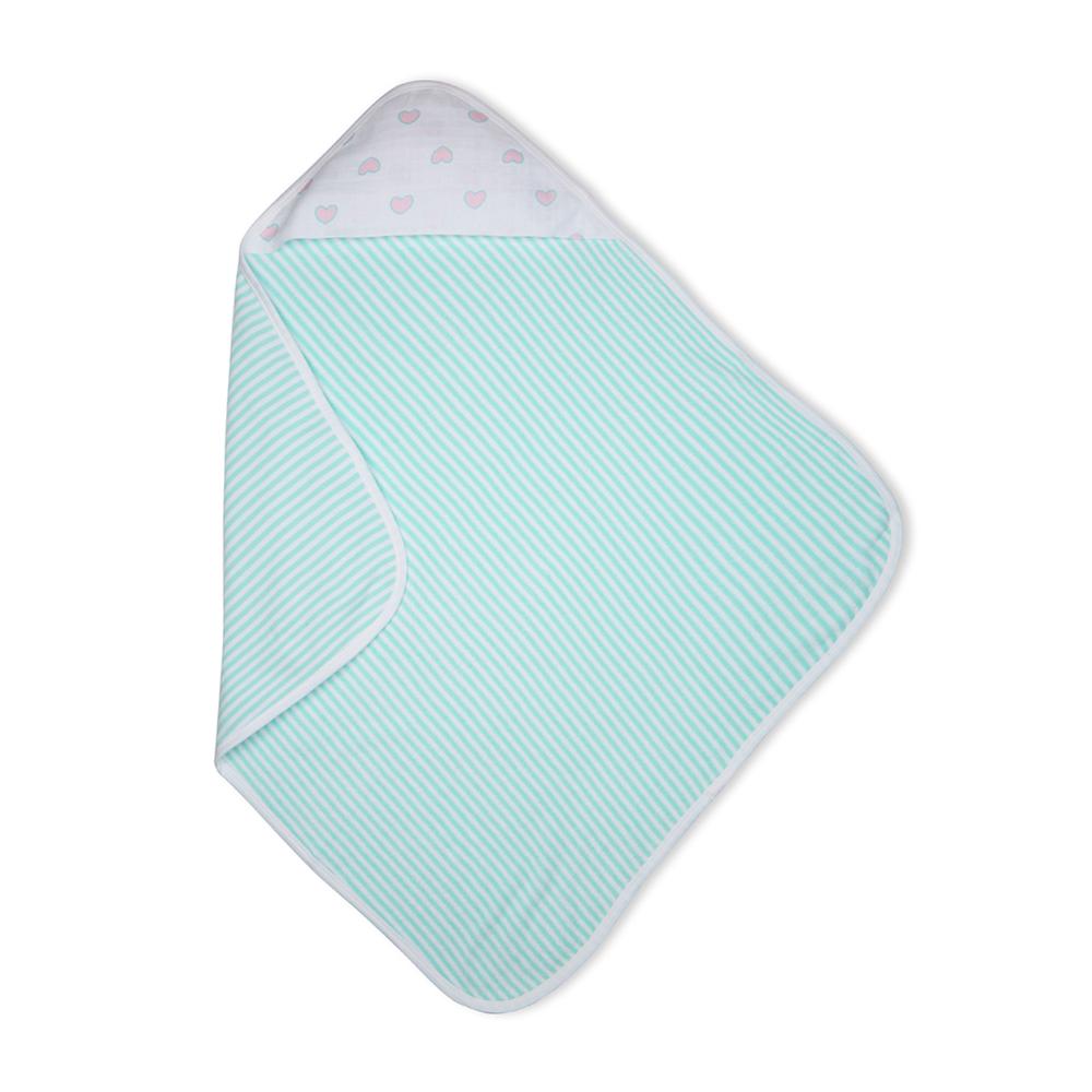 Premium Baby Hooded Towel Stripes Pattern With Heart Print Muslin Hood, Soft and Lightweight - Blue Tint