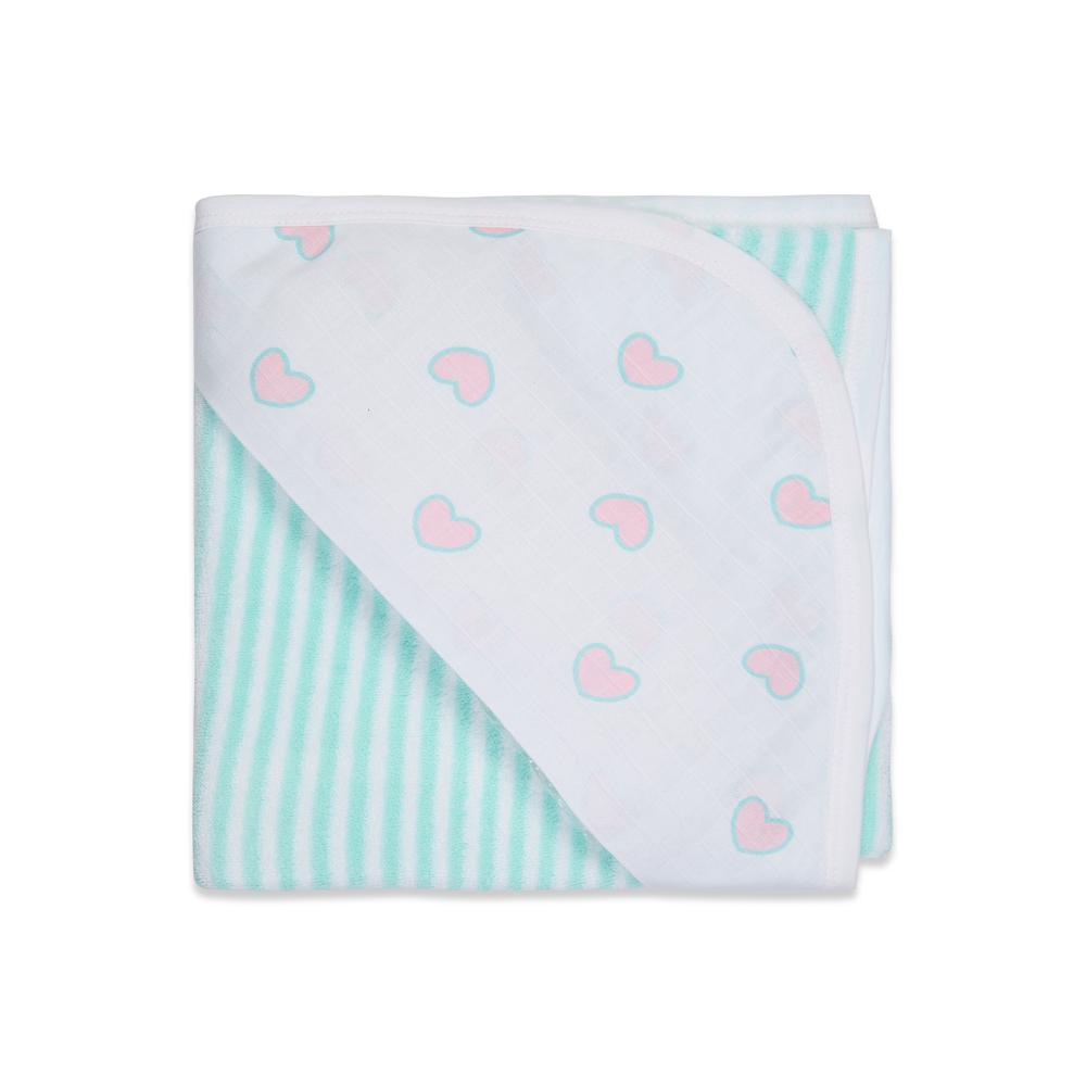 Premium Baby Hooded Towel Stripes Pattern With Heart Print Muslin Hood, Soft and Lightweight - Blue Tint