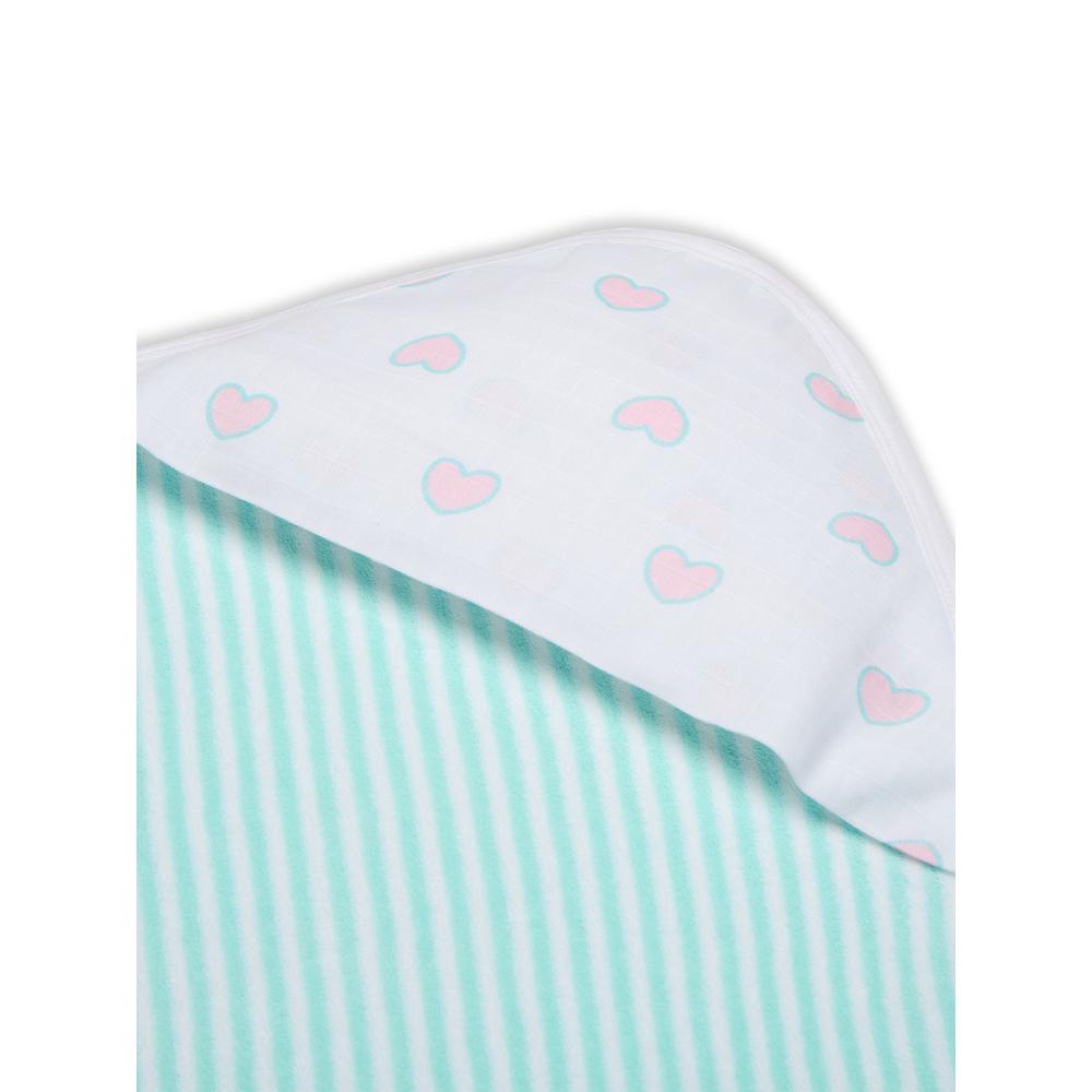 Premium Baby Hooded Towel Stripes Pattern With Heart Print Muslin Hood, Soft and Lightweight - Blue Tint