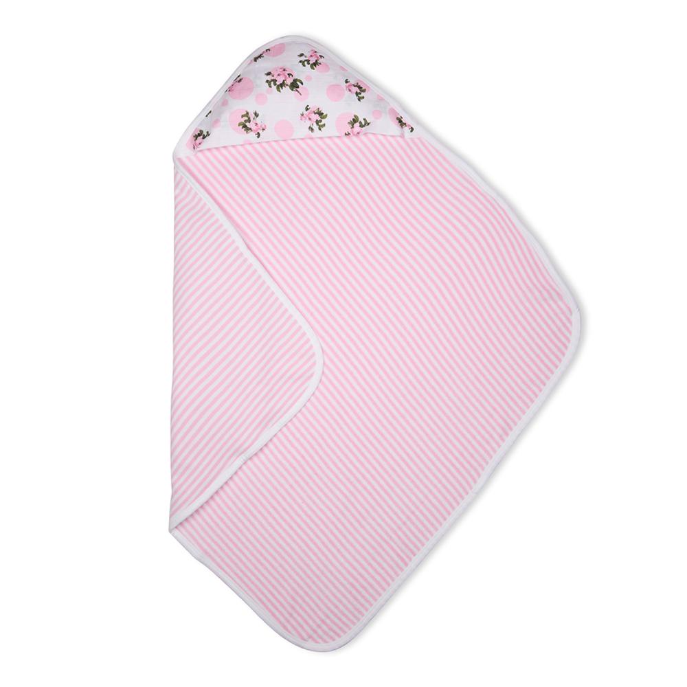 Premium Baby Hooded Towel Stripes Pattern With Tea Rose Print Muslin Hood, Soft and Lightweight - Pink