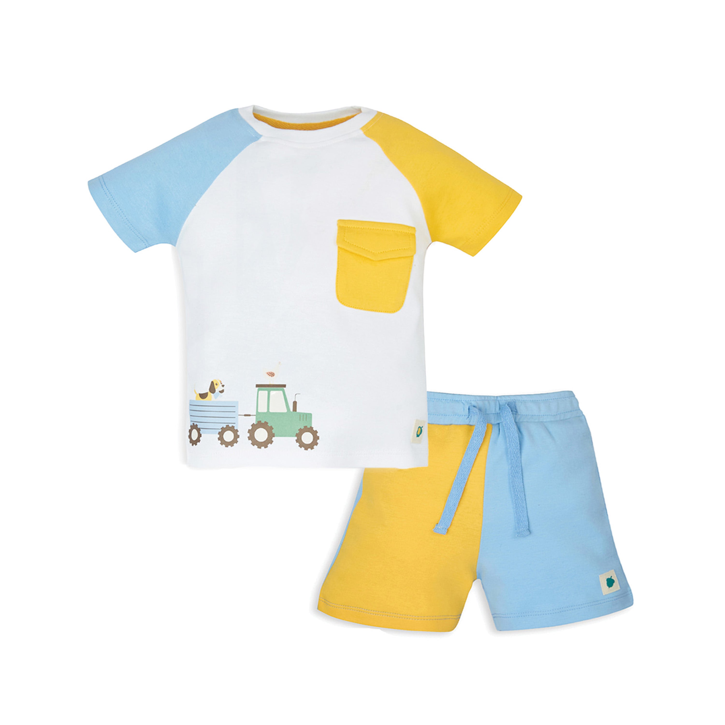 My Milestones Color Block Short Sleeves Bio-Wash Tee with Placement Print & Pocket, Matching Shorts Set - Multi