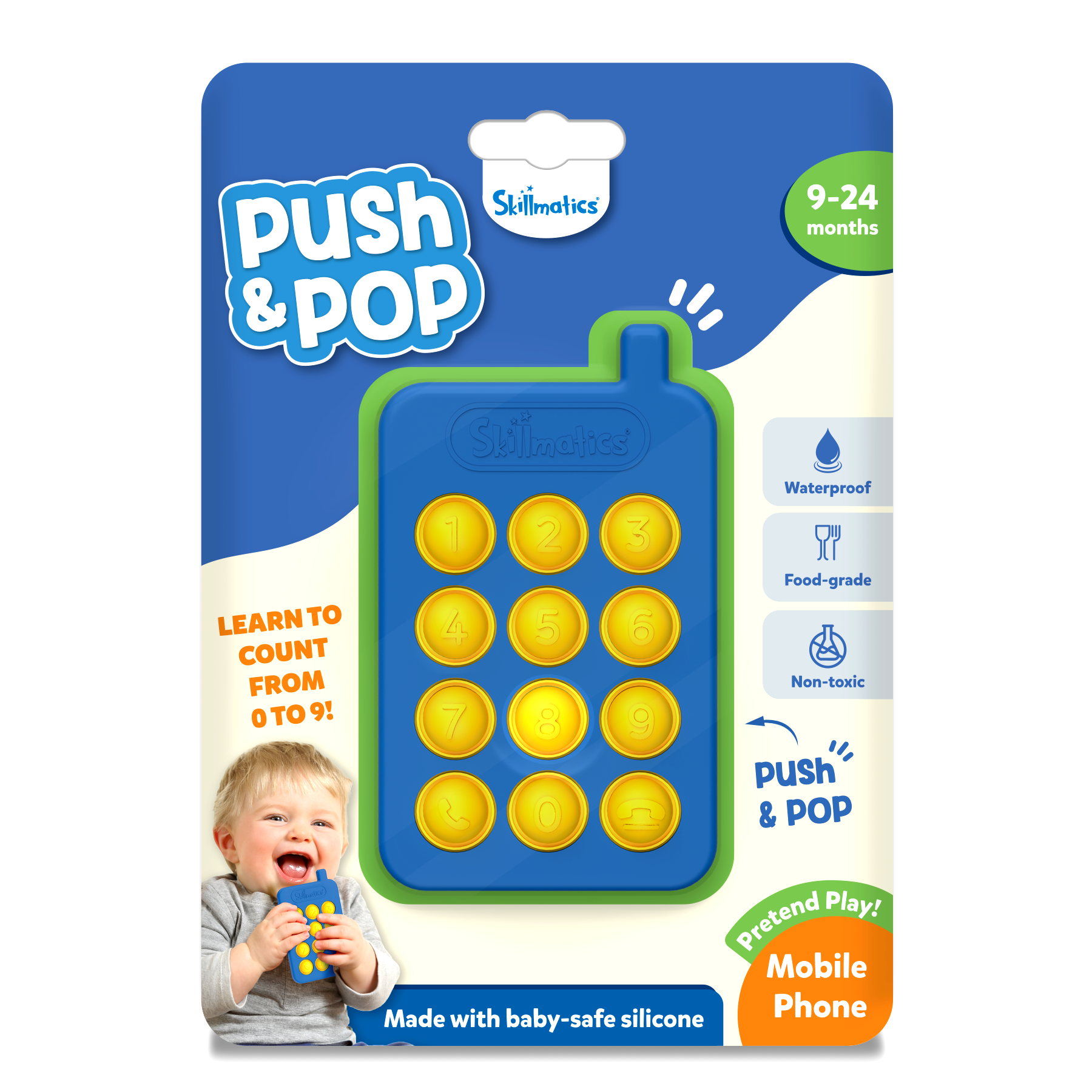 Skillmatics Push & Pop Mobile Phone for Kids - Pretend Play, Sensory & Fidget Toy, Food-Grade Silicone, Waterproof, Travel-Friendly, Child-Safe, Fine Motor Skills, Gifts for Infants 9-24 Months