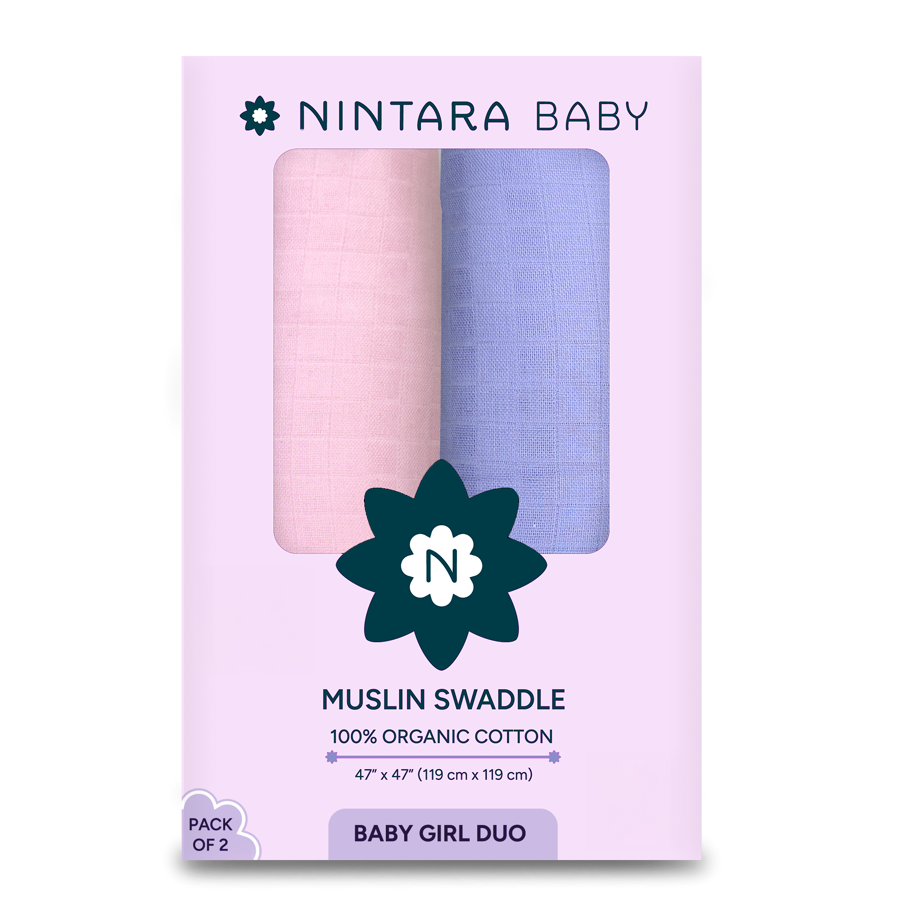 Extra-Large Swaddle - 100% Organic Premium Muslin Cotton, 47" x 47" (119 cm x 119 cm), Ultra-Soft, Breathable & Lightweight, Unisex, Hypoallergenic, Gifts for Newborn Babies, Pack of 2/3