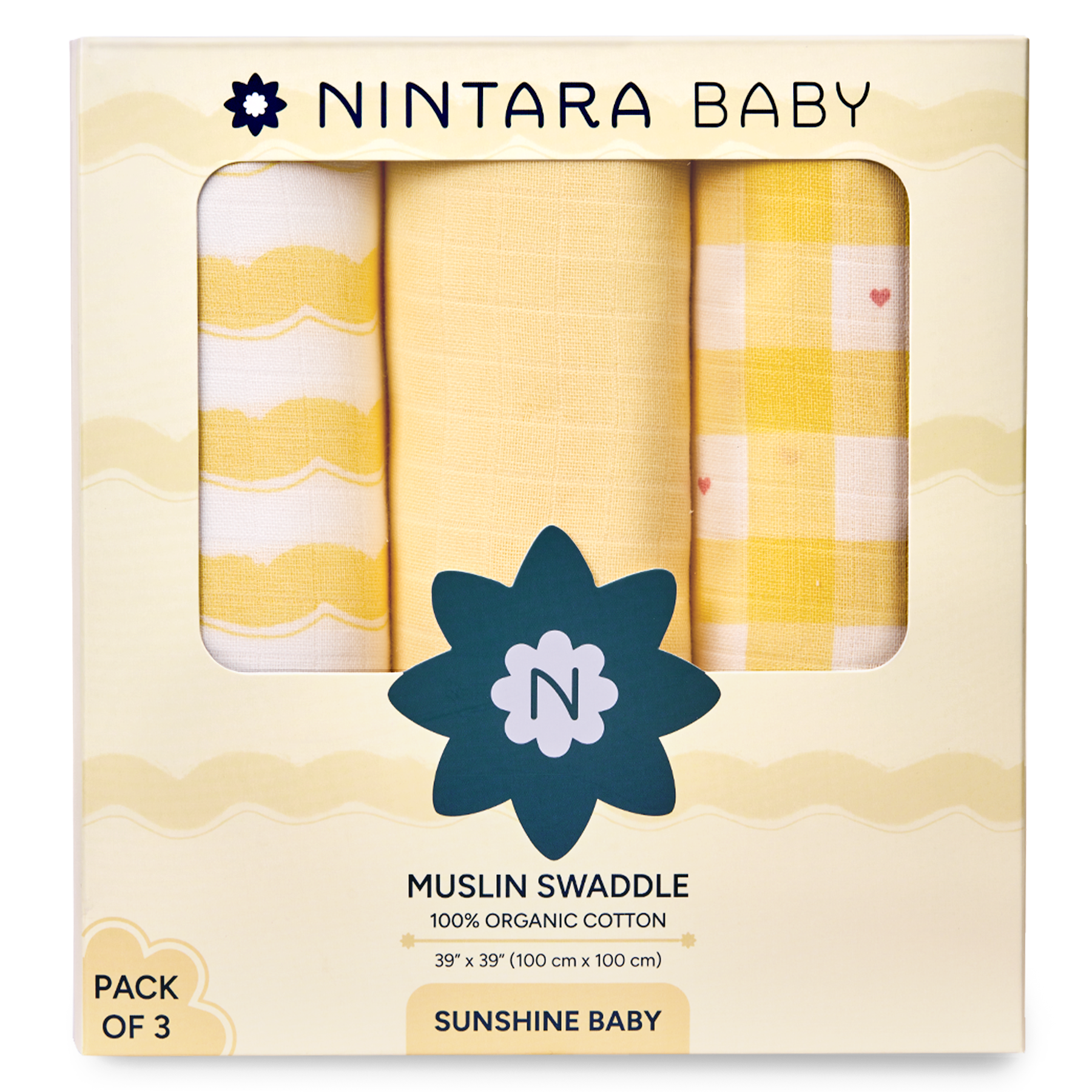 Nintara Baby Swaddle - 100% Organic Premium Muslin Cotton, 39" x 39" (100 cm x 100 cm), Ultra-Soft, Breathable & Lightweight, Multipurpose, Unisex, Hypoallergenic, Gifts for Newborn Babies